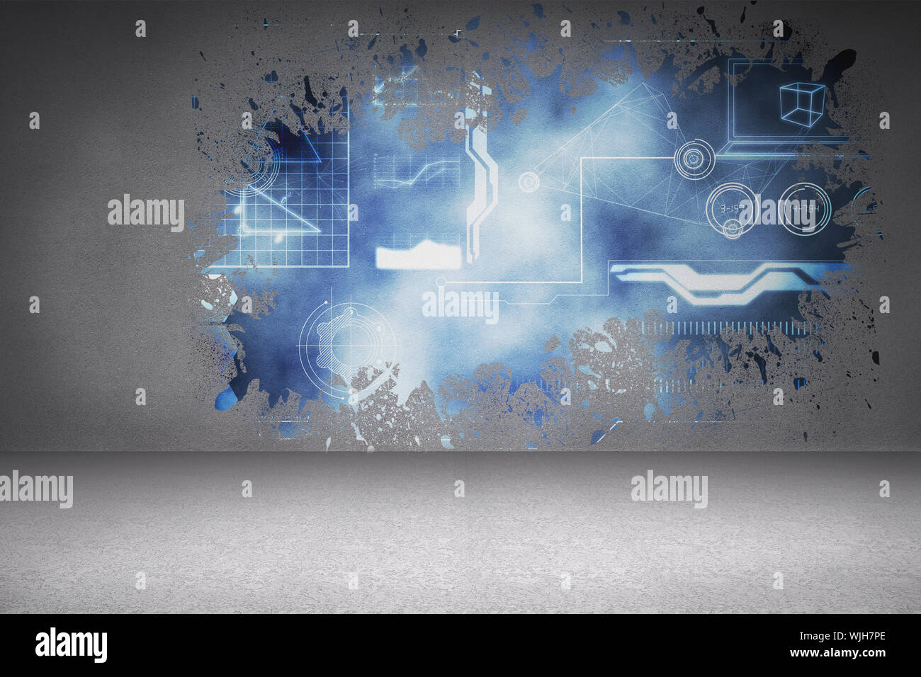 Splash on wall revealing technology interface Stock Photo