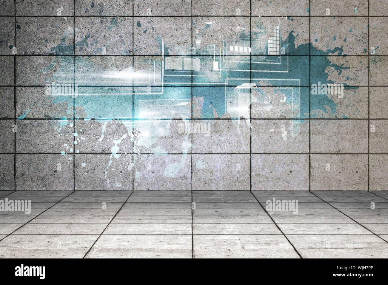 Splash on wall revealing technology interface Stock Photo