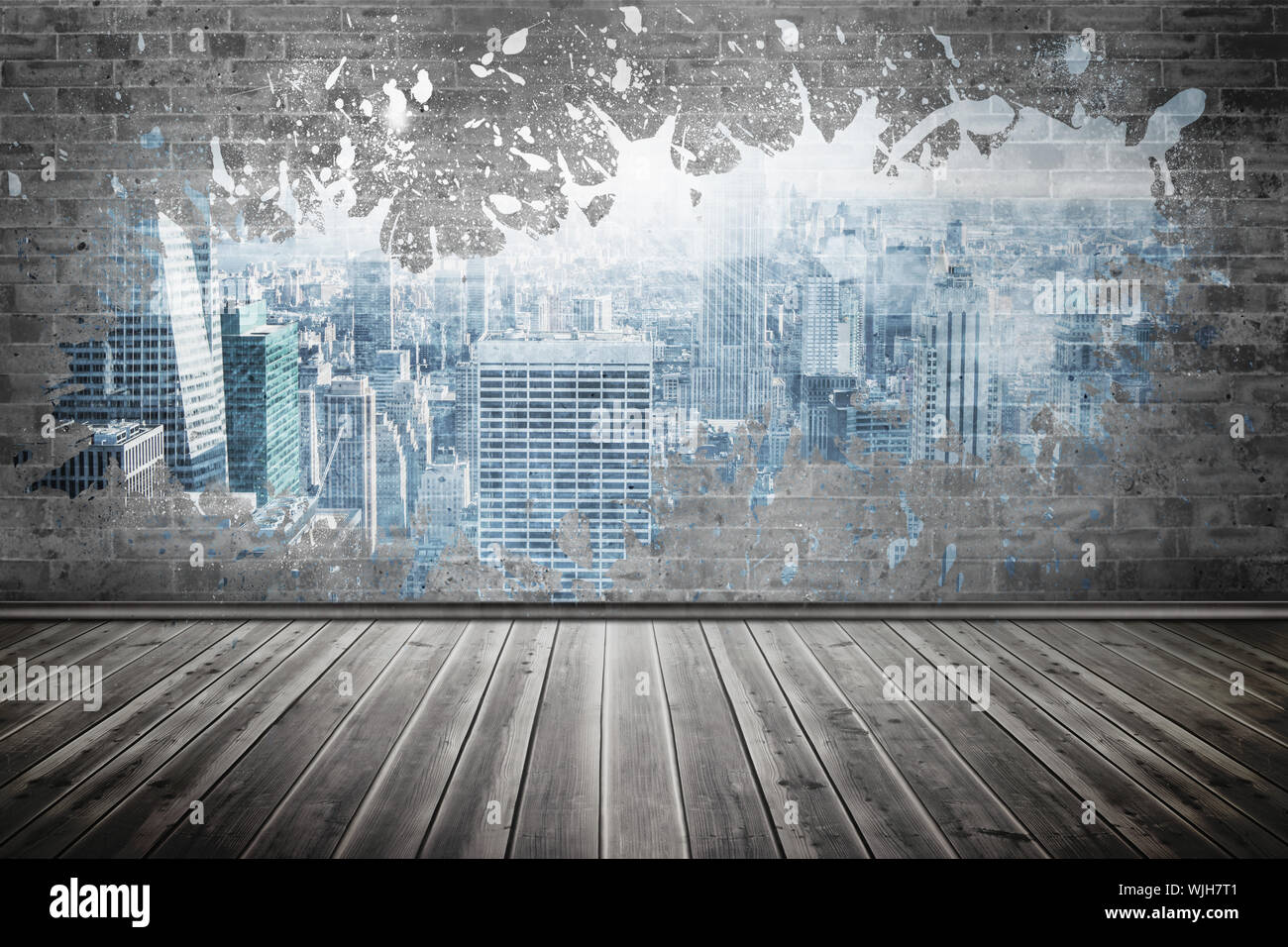 Splash on wall revealing city Stock Photo