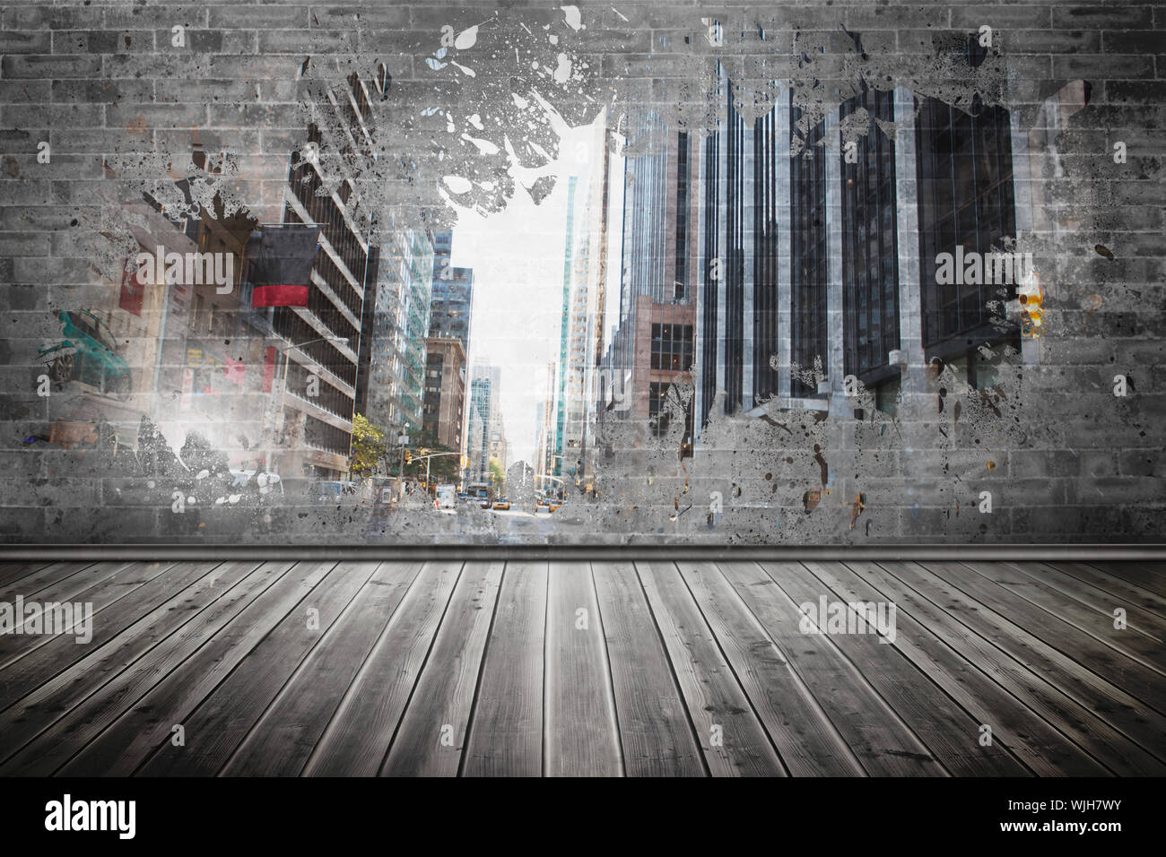 Splash on wall revealing city Stock Photo