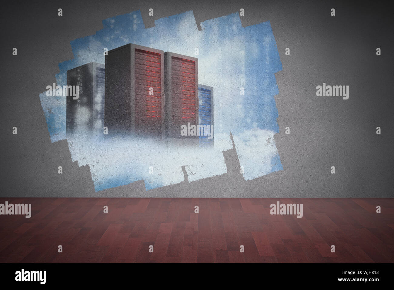Display on wall showing server towers Stock Photo