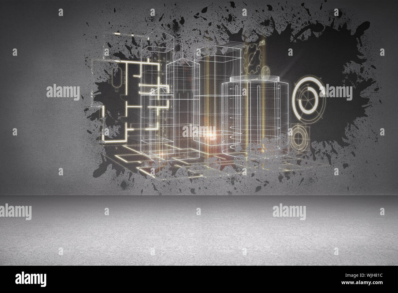 Splash on wall revealing technology interface Stock Photo