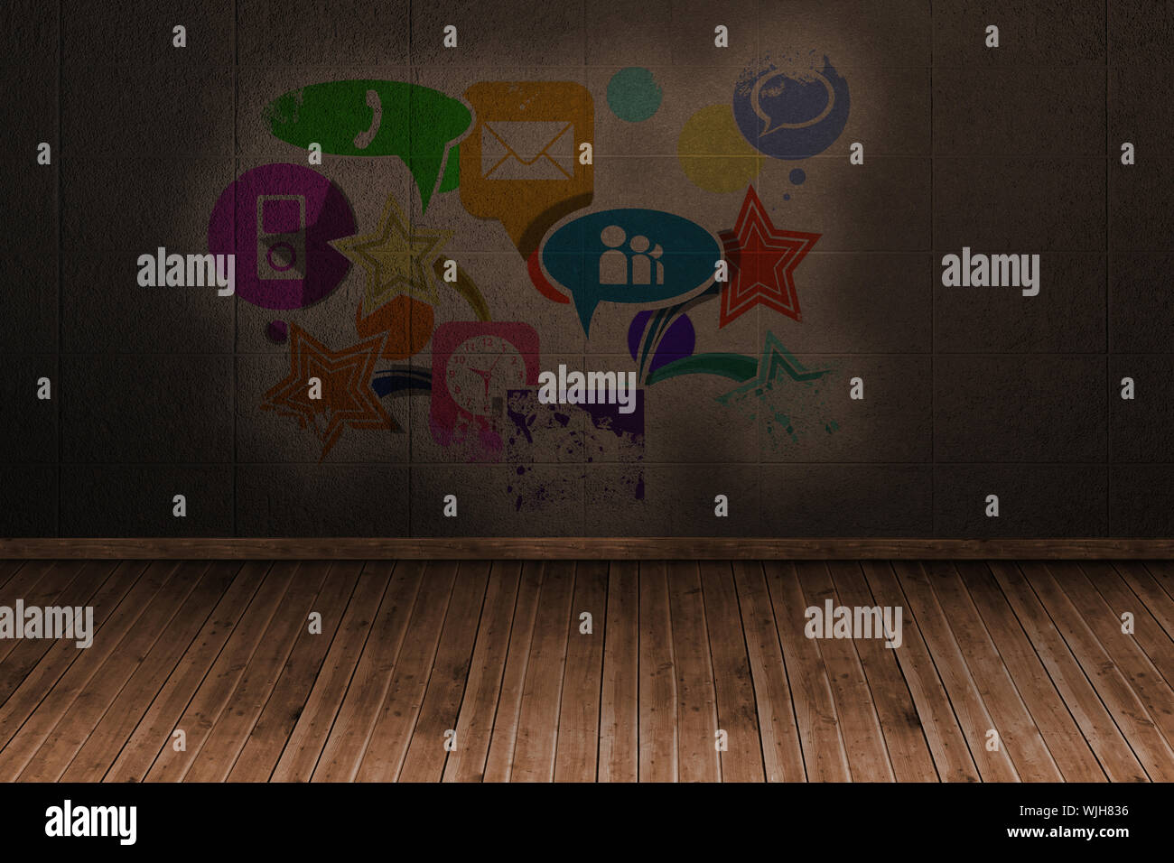 Splash on wall revealing applications Stock Photo