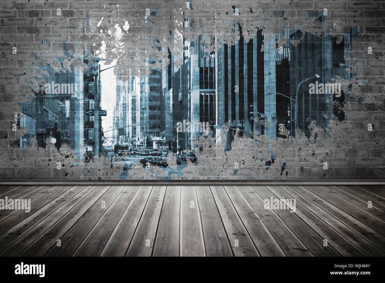 Splash on wall revealing city Stock Photo