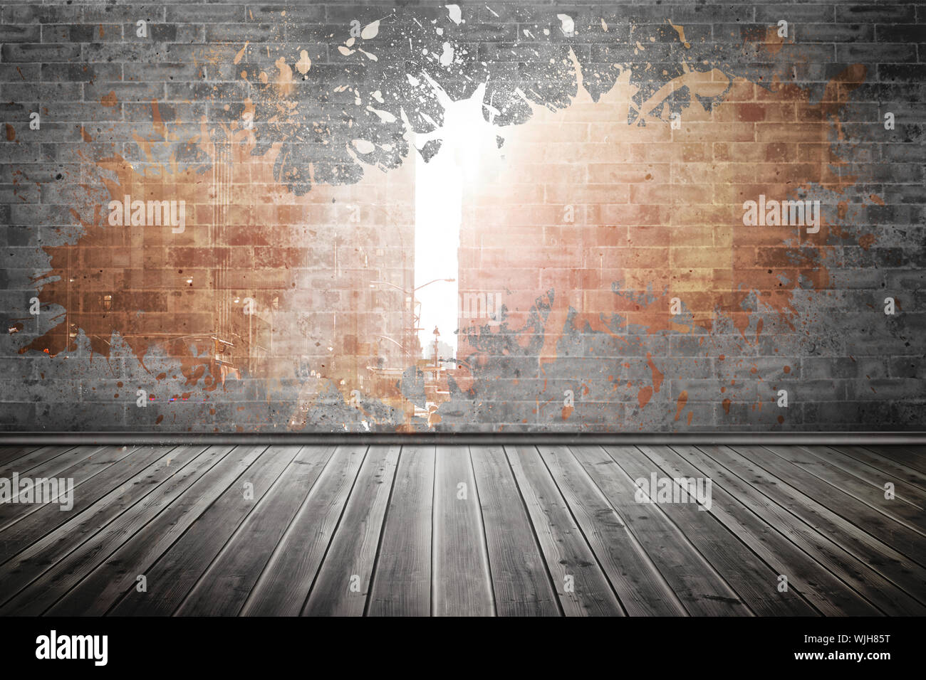 Splash on wall revealing city Stock Photo