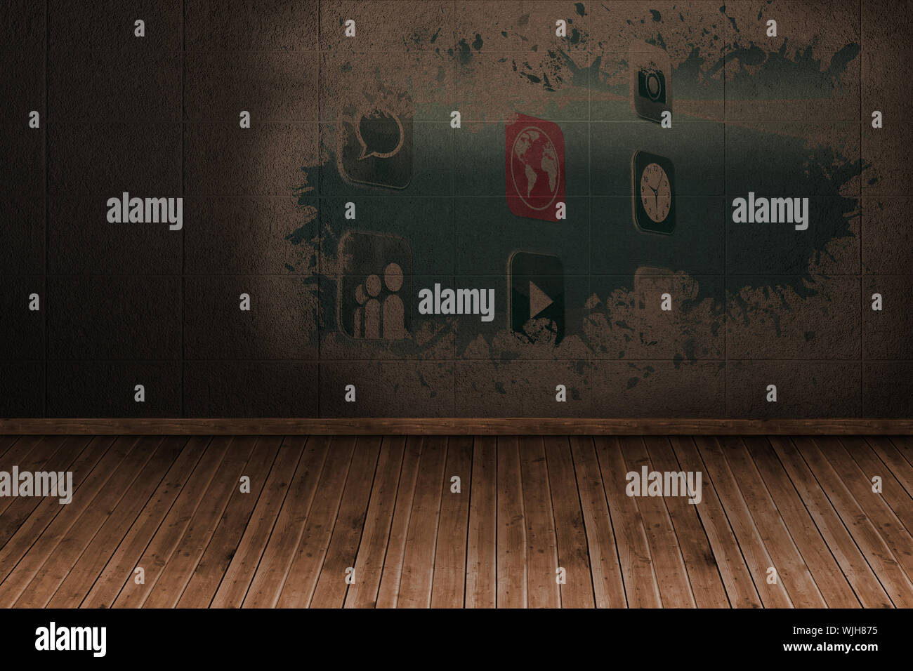 Splash on wall revealing applications Stock Photo