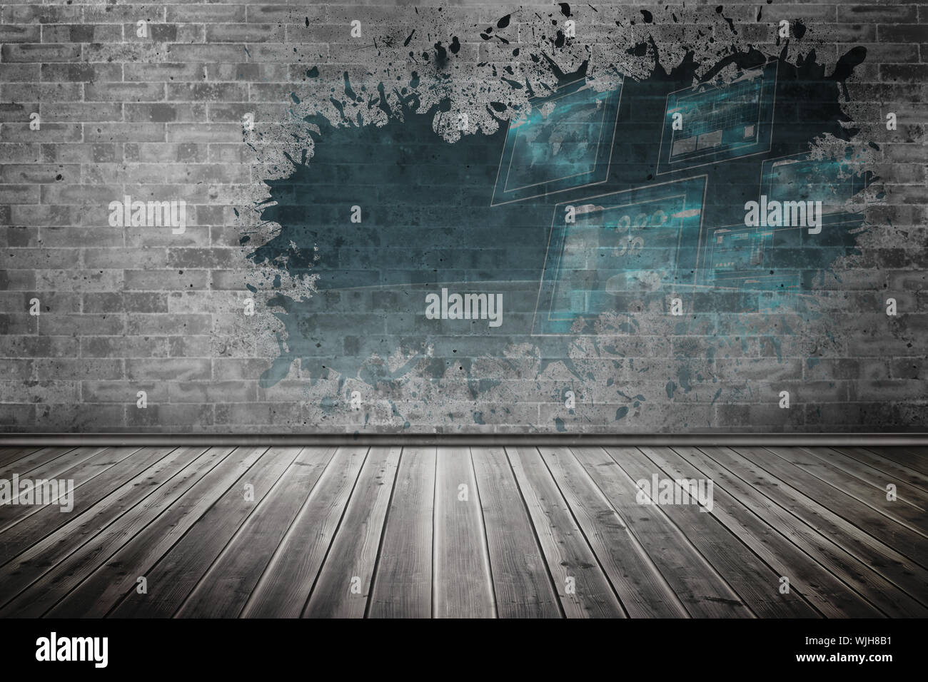 Splash on wall revealing technology interface Stock Photo