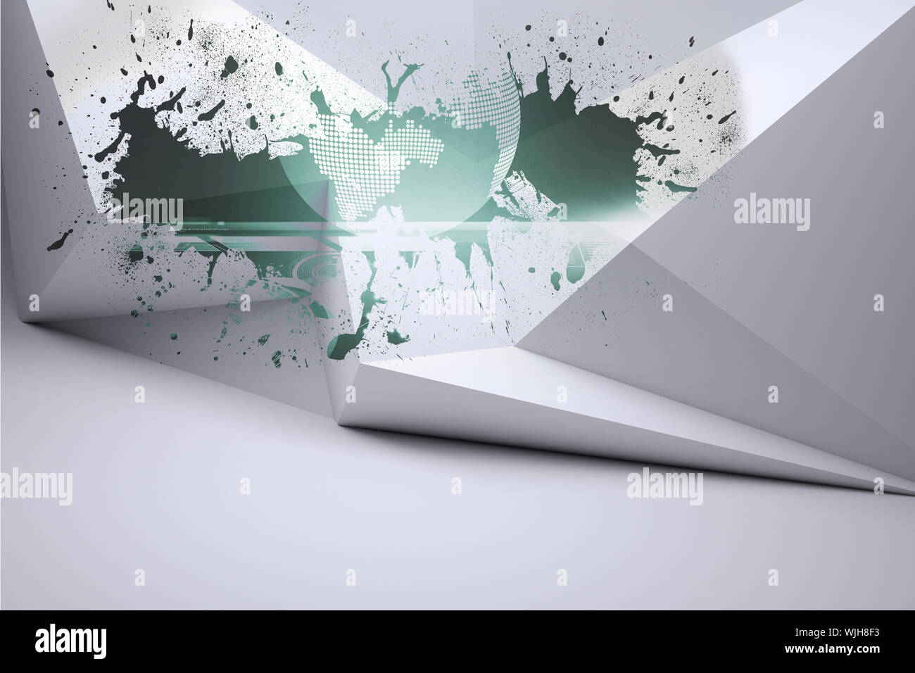 Splash on wall revealing global graphic Stock Photo