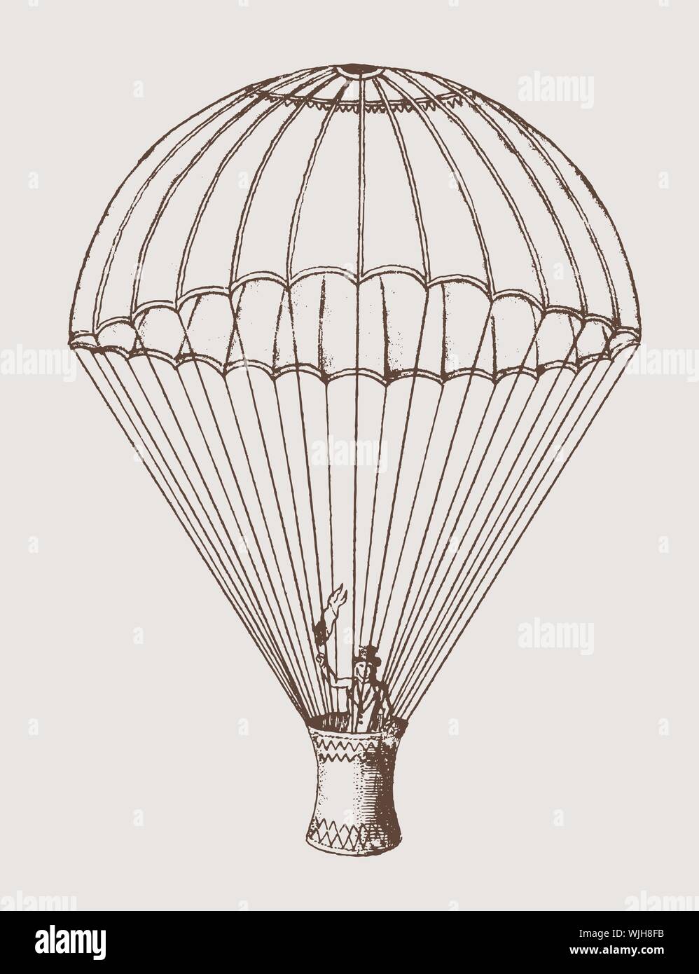Fully deployed and descending historic parachute with a man standing in the basket and waving a flag. Illustration after an etching from the 19c Stock Vector