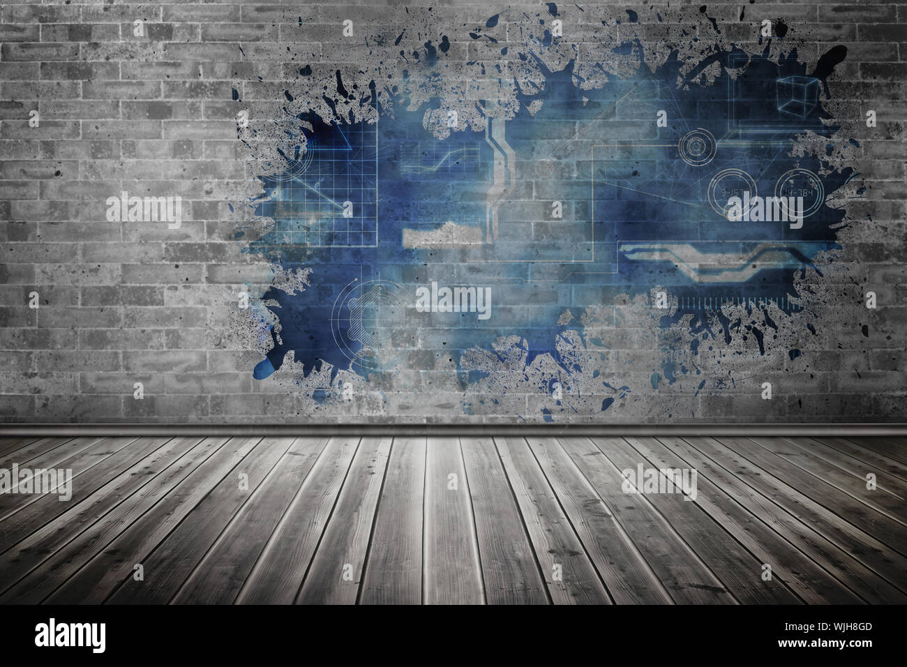 Splash on wall revealing technology interface Stock Photo