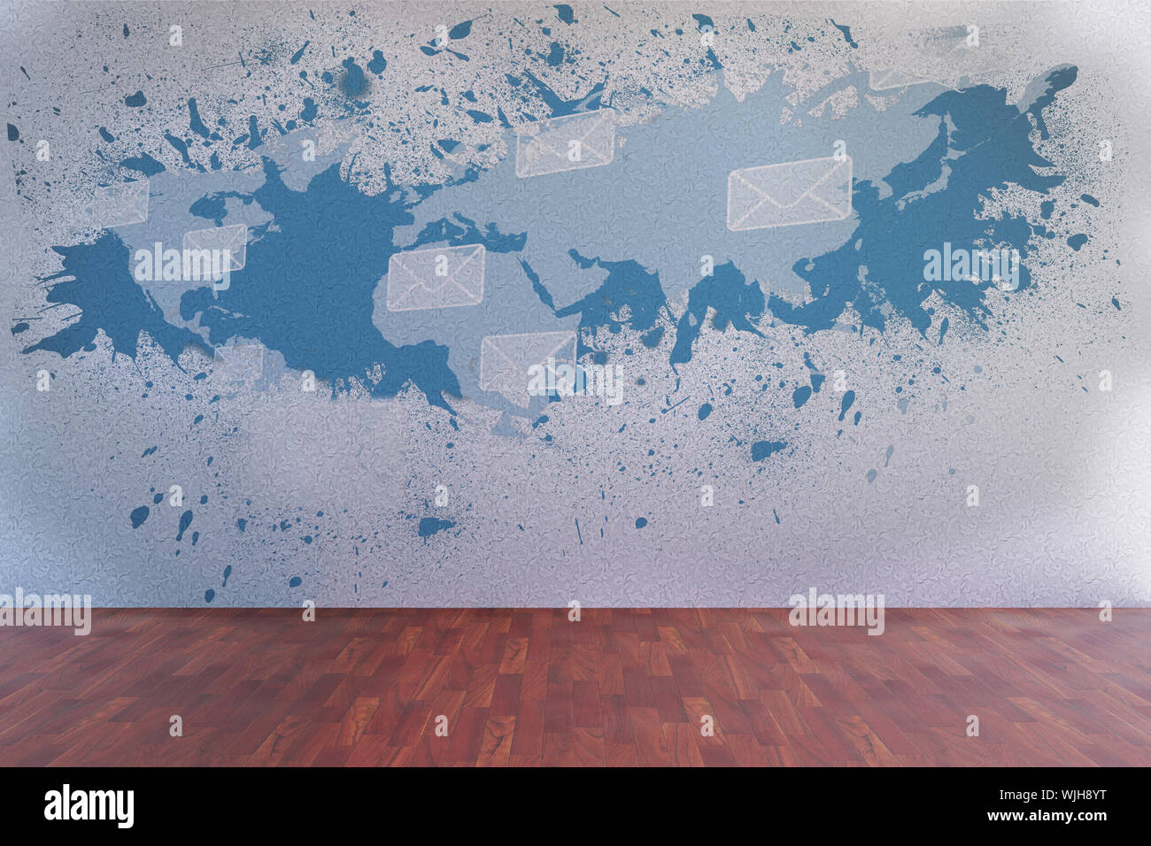 Splash on wall revealing global email graphic Stock Photo