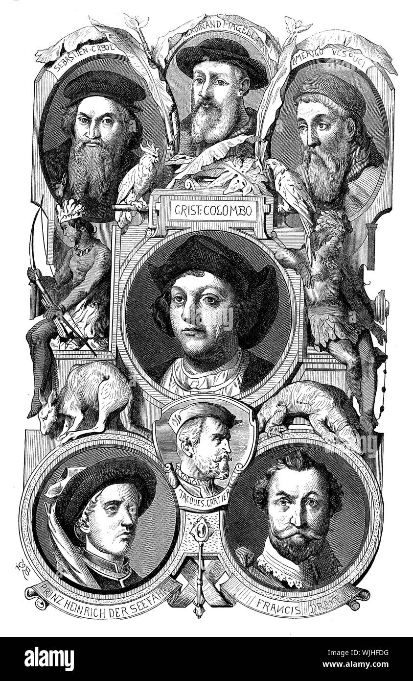 Book cover page with the portraits of famous navigators: Sebastian Cabot Venetian, Amerigo Vespucci from Florence who gave his name to the New World, Christopher Columbus from Genoa, Jacques Cartier, Breton and Prince Henry the Navigator, Portuguese Stock Photo
