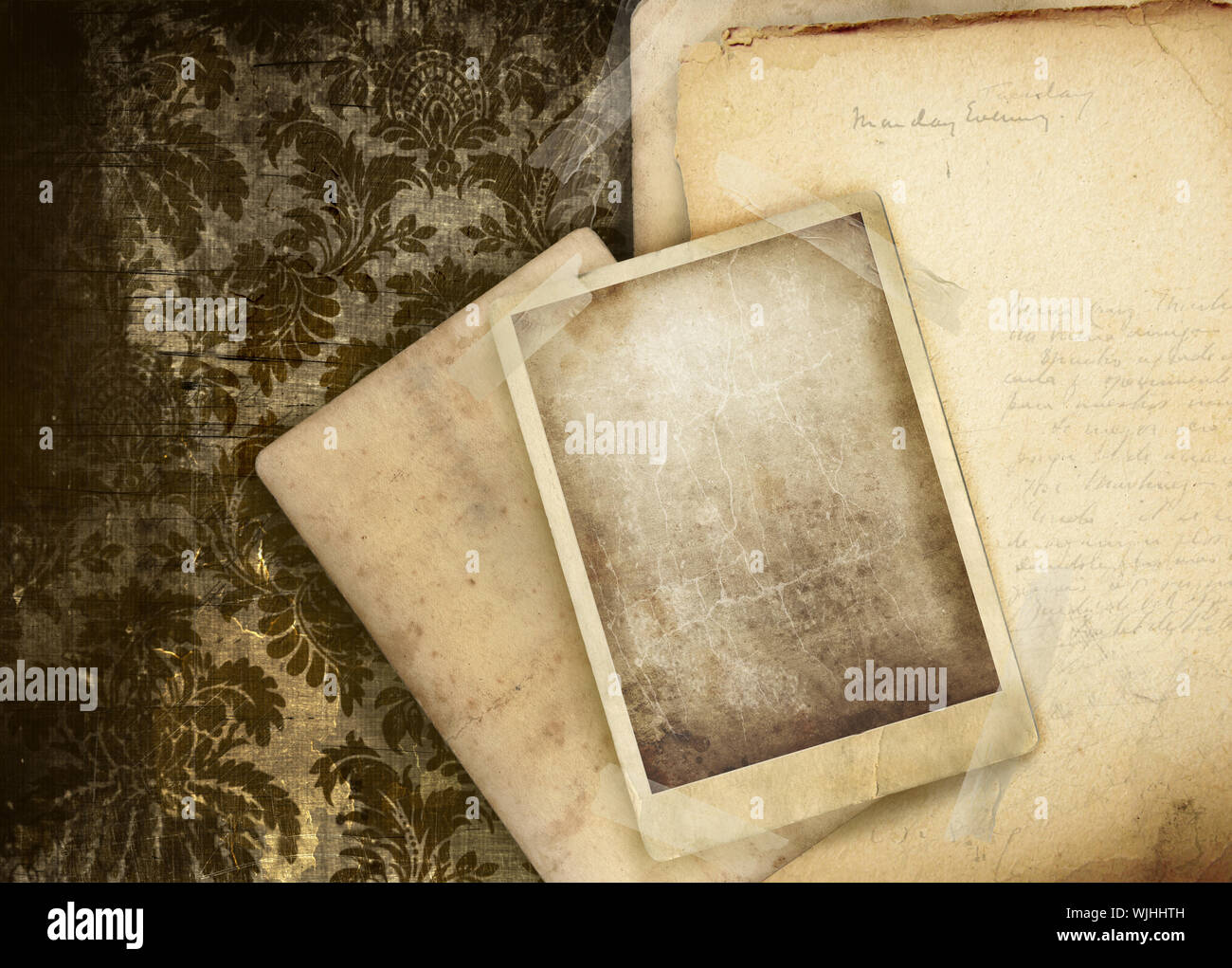 Vintage floral background with old papers and photo Stock Photo