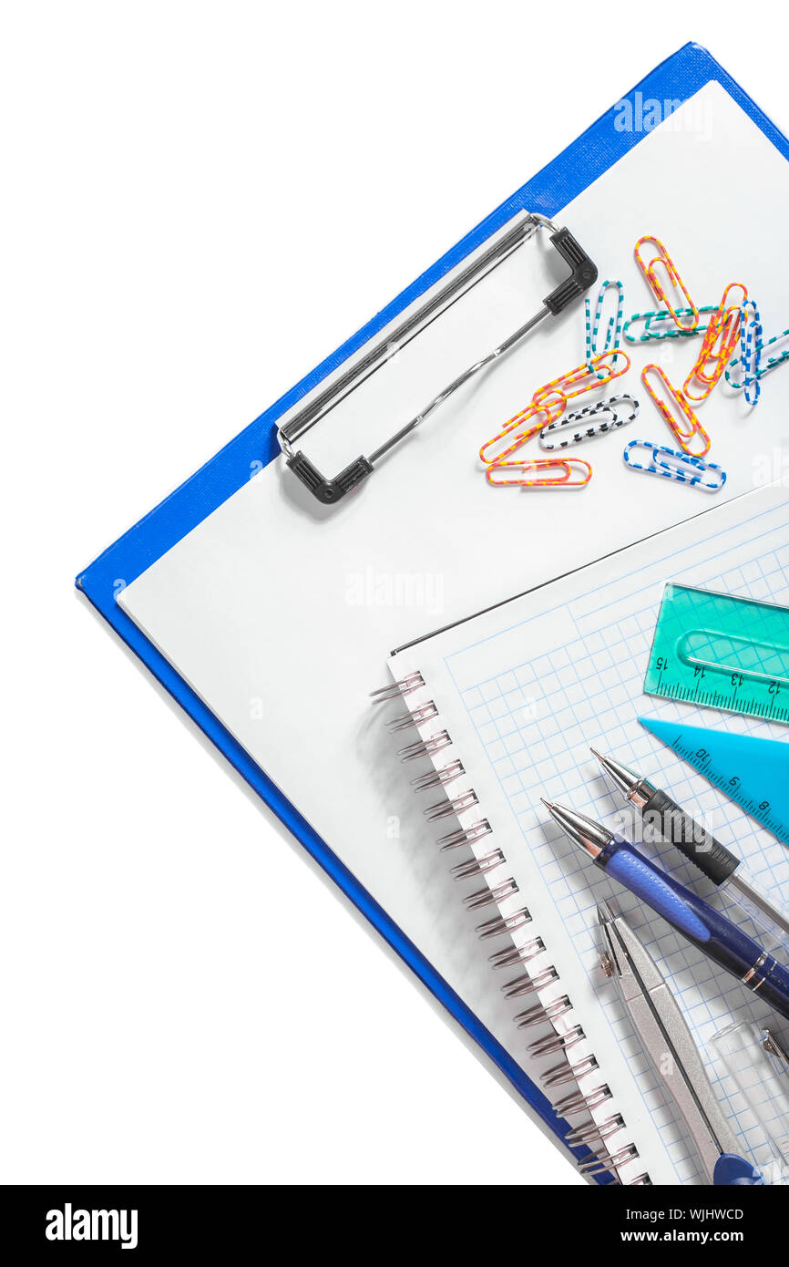 set of school items on clipboard isolated Stock Photo Alamy