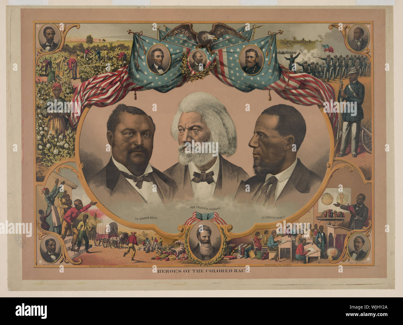 Heroes of the colored race Abstract: Print shows head-and-shoulders portraits of Blanche Kelso Bruce, Frederick Douglass, and Hiram Rhoades Revels surrounded by scenes of African American life and portraits of Jno. R. Lynch, Abraham Lincoln, James A. Garfield, Ulysses S. Grant, Joseph H. Rainey, Charles E. Nash, John Brown, and Robert Smalls. Stock Photo