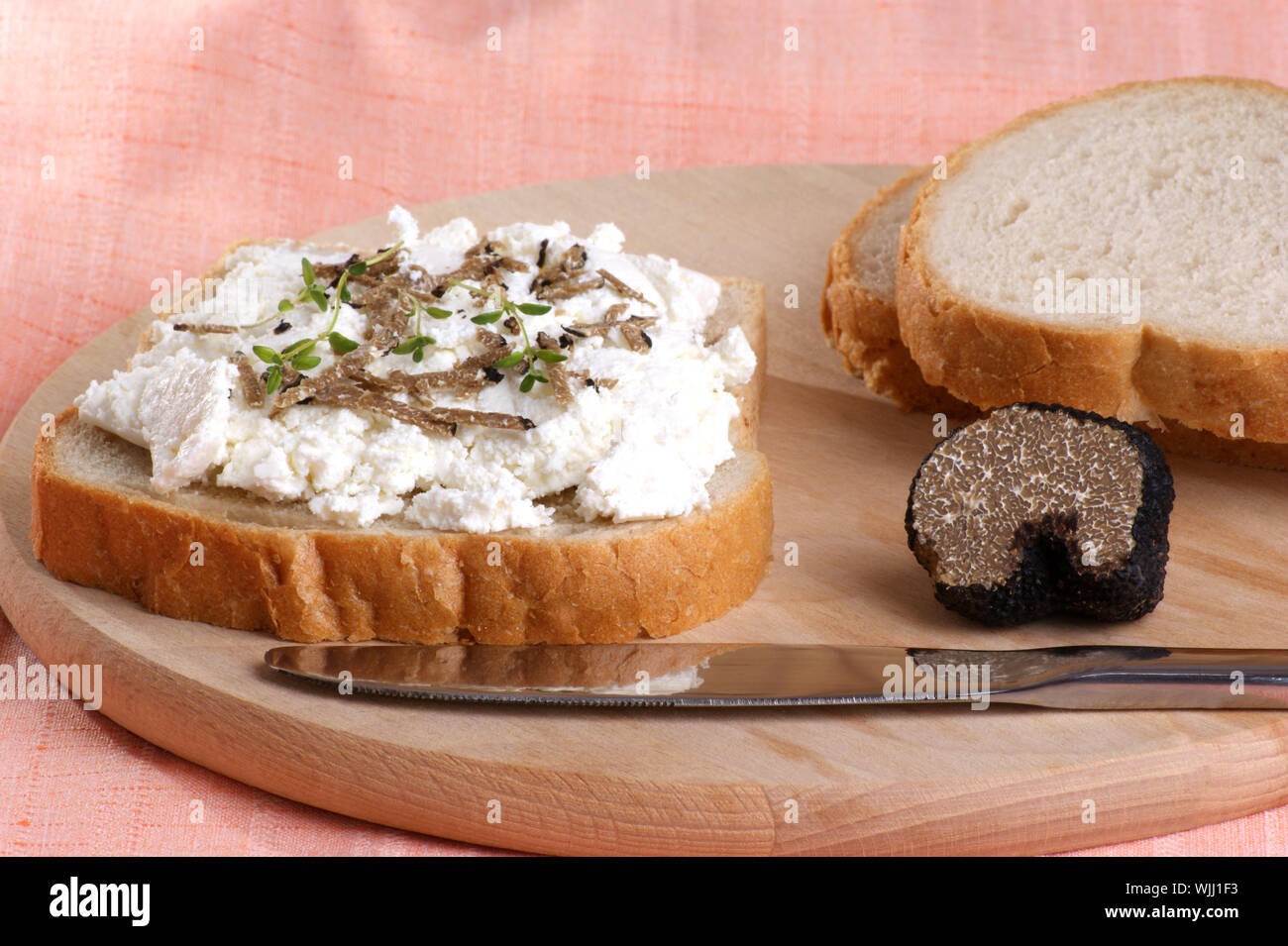 Organic Summer Truffle With Bread And Cottage Cheese Stock Photo