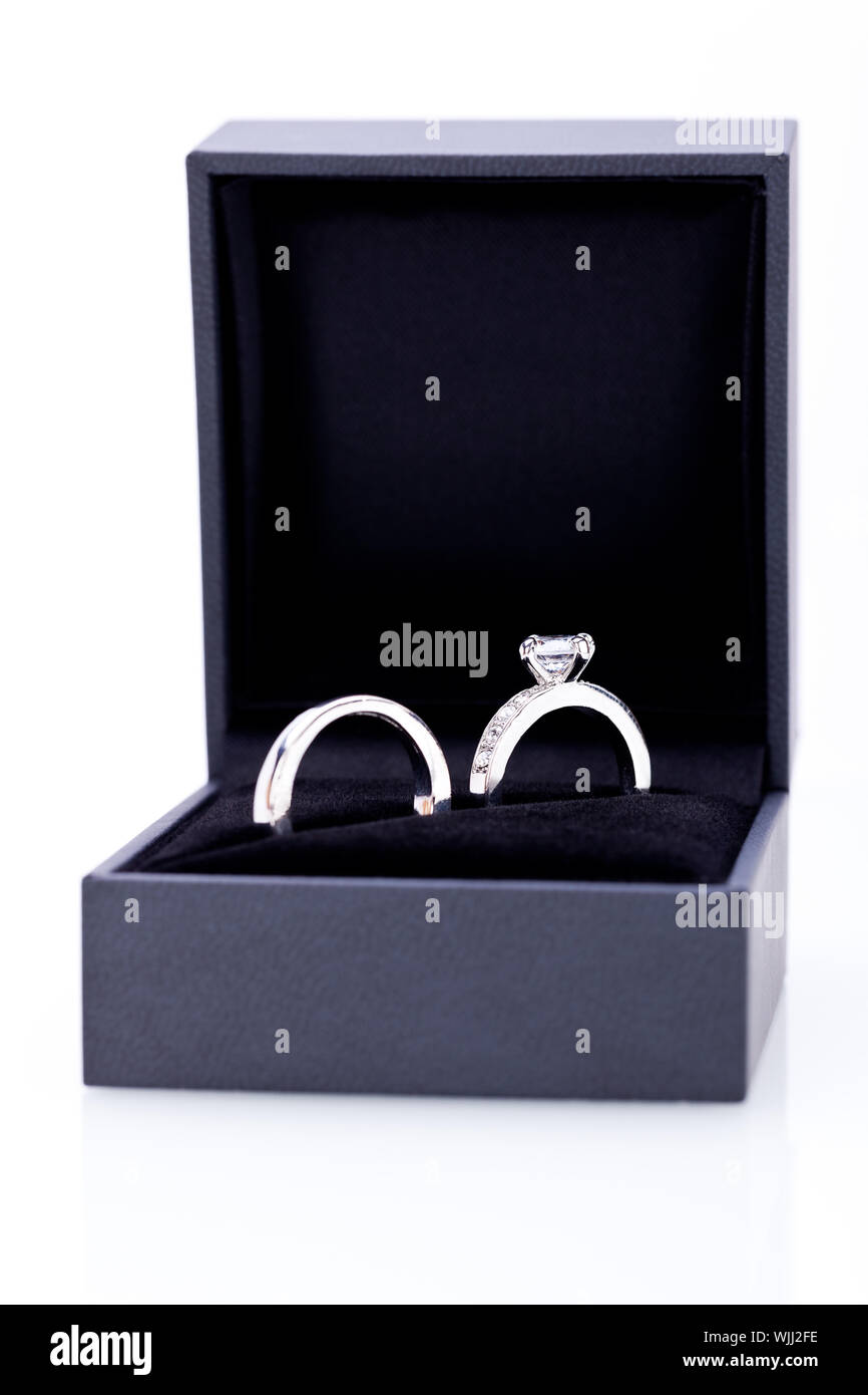Jewelry box with two elegant silver rings Stock Photo