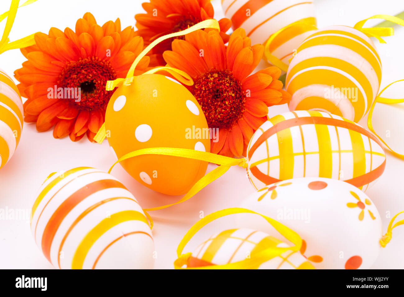 Colourful yellow decorated Easter eggs Stock Photo