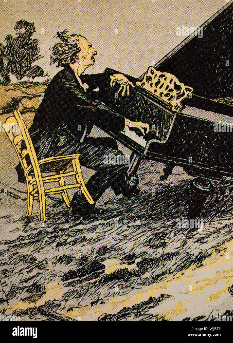 A German World War Two cartoon commenting on Ignacy Jan Paderewski (1860 – 1941), Polish pianist and composer, politician, statesman and spokesman for Polish independence, supposedly playing concerts while Wardaw burned. Following the German invasion of Poland, known in Poland as the 1939 defensive war Wojna Paderewski returned to public life. In 1940, he became the head of the National Council of Poland, a Polish parliament in exile in London. Stock Photo