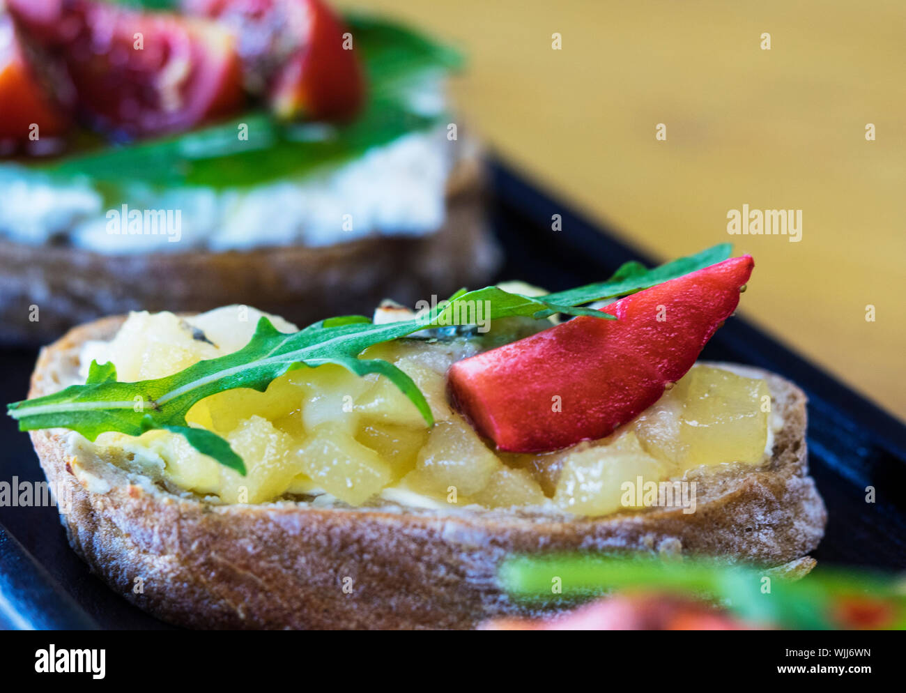 Close-up Of Fresh Bruschetta With Beef And Carpaccio Stock Photo