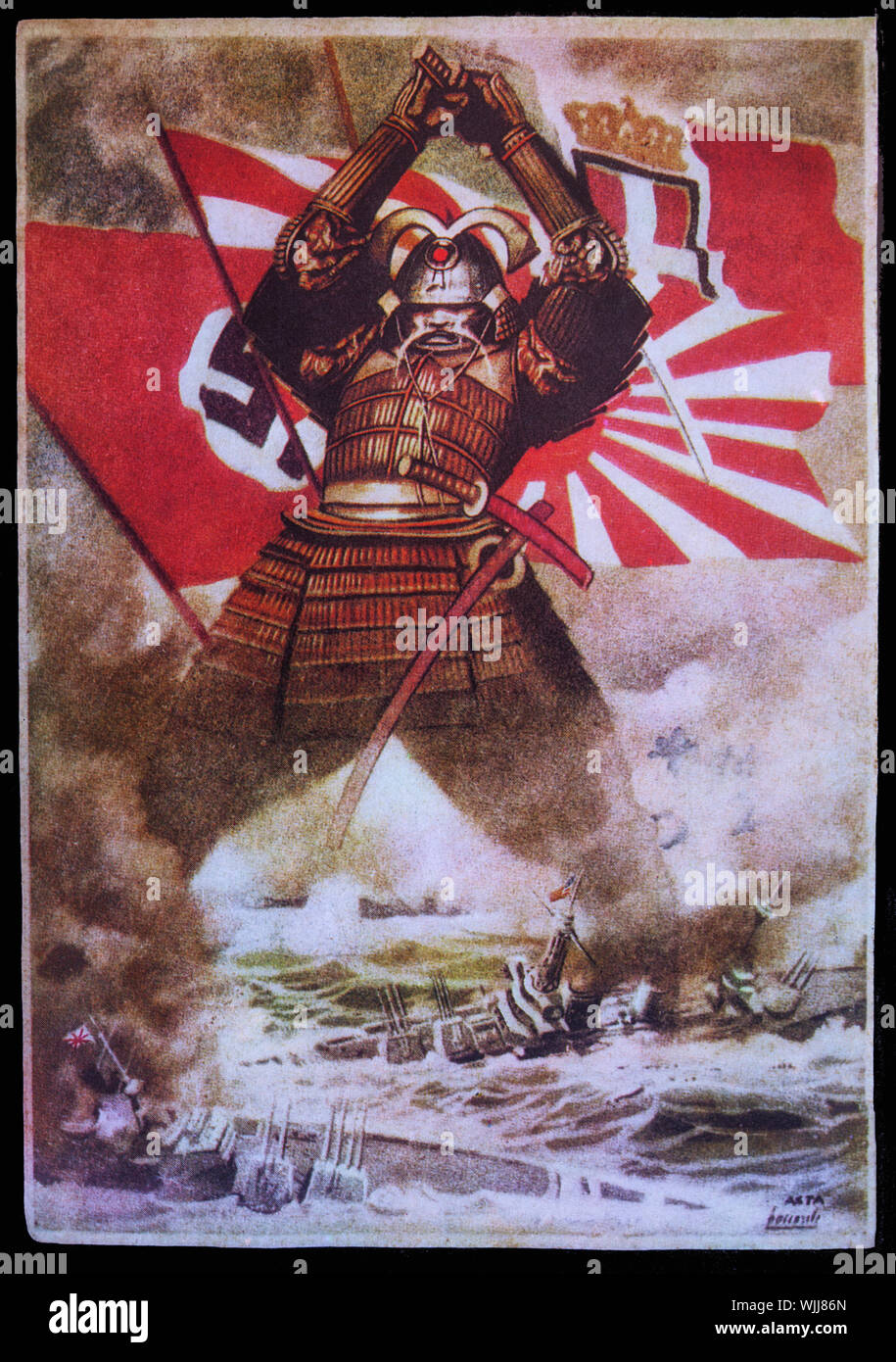 An Italian World War Two postcard that illustrates Japan smashing the Allied Pacific Fleet. It followed the attack on Pearl Harbour that  crippled the battleships of the US Pacific Fleet, and during Japan's conquest of Southeast Asia the sinkings of HMS Prince of Wales and HMS Repulse which was the first time that capital ships were sunk by aerial attack while underway. Stock Photo