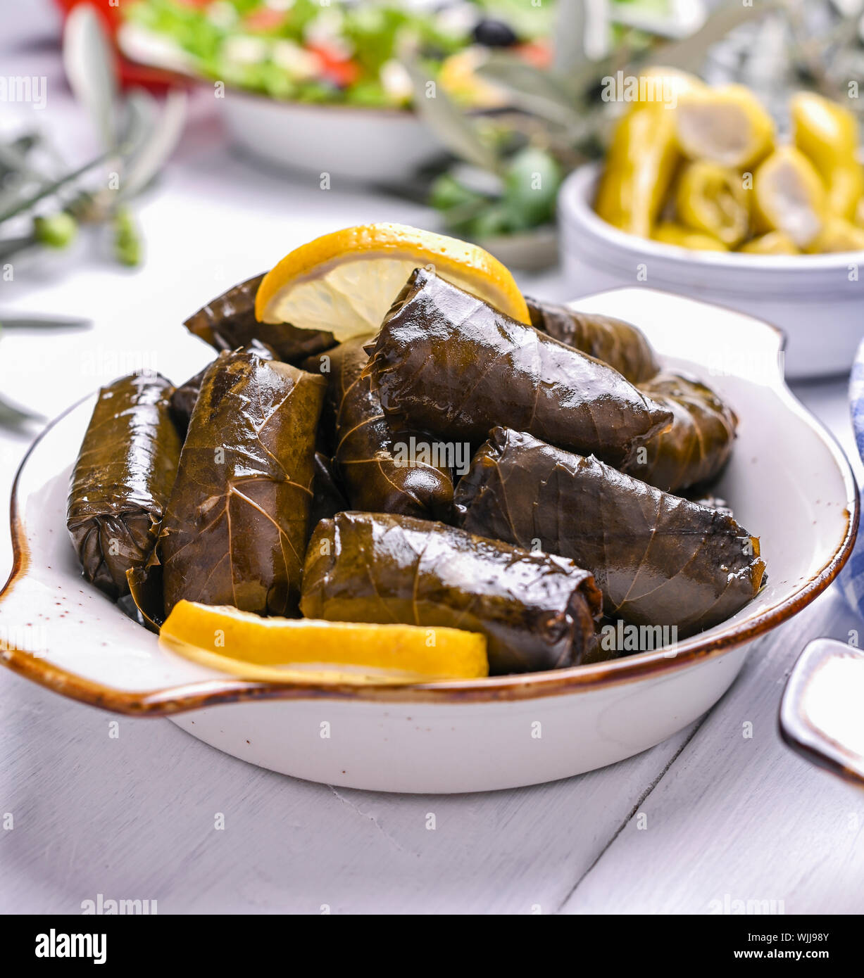 Traditional greek cuisine. Wrapped rice in grape leaves. Dolma with lemon and spices. Home