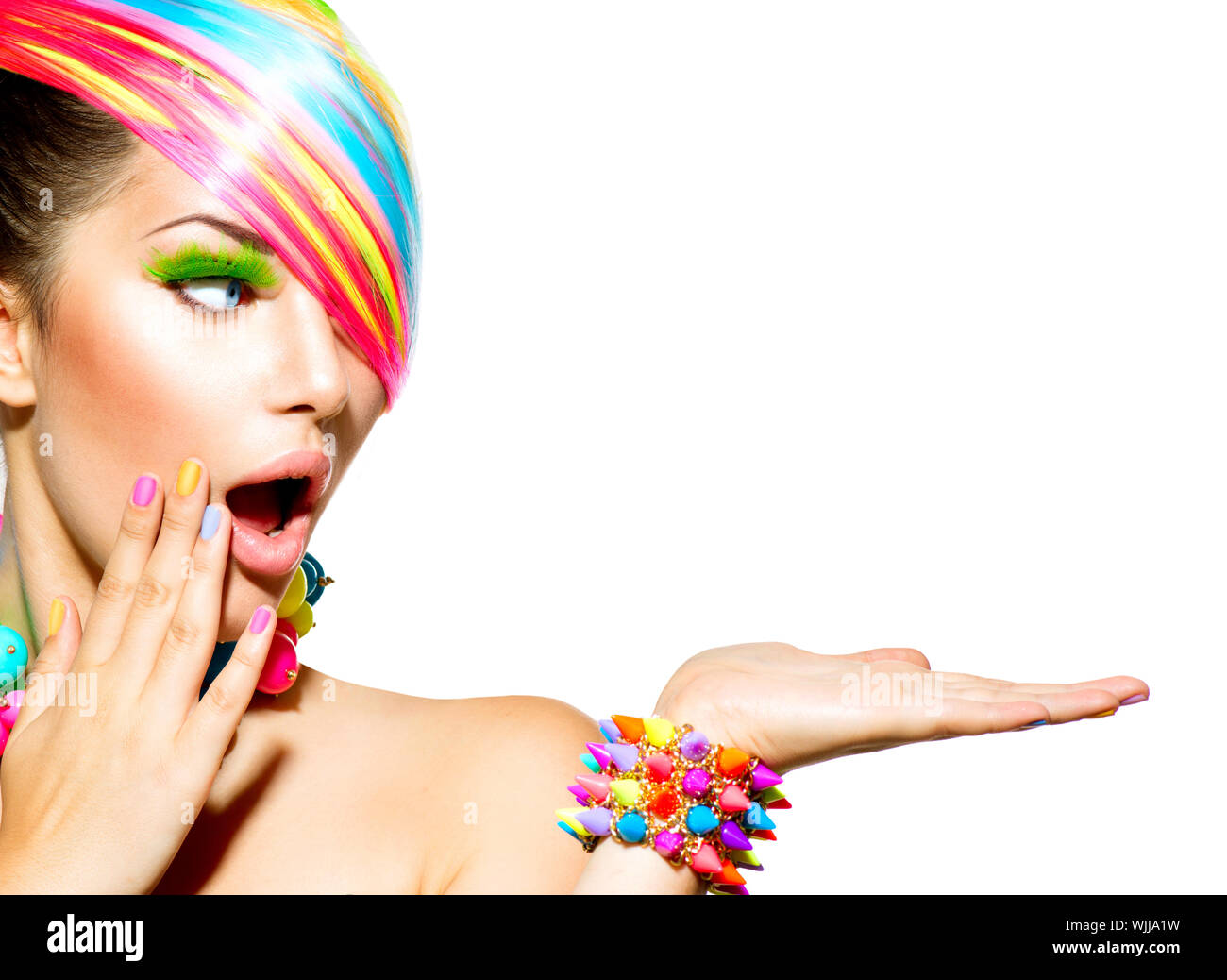 Beauty Woman with Colorful Makeup, Hair, Nails and Accessories Stock Photo