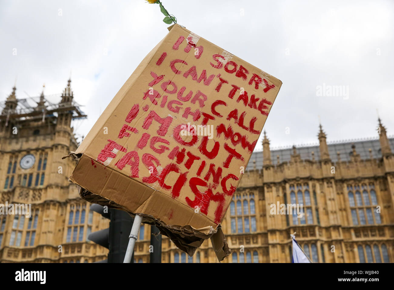A Pro-Brexit placard during a demonstration in central London on the day MPs return back to Parliament after the summer recess.On Monday 2 Sept 2019 British Prime Minister Boris Johnson warned Conservative MPs not to vote against the government in the next night's Bill that would block a no deal Brexit. Several MPs vowed to vote with the opposition regardless of the personal consequences. Stock Photo