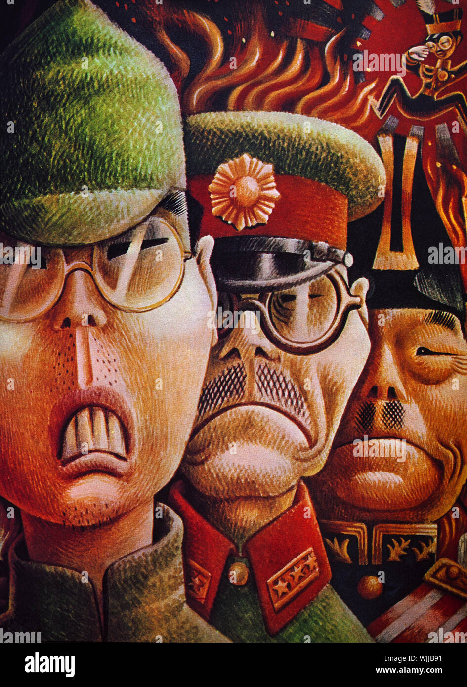 A World War Two illustration on the cover of Fortune Magazine following the Japanes attack on Pearl Harbour. It shows a Japanese soldier, Prime Minister Tojo and Admiral Nagumo who organised the raid. Floating above them in the corner is the Japanese Emperor Hirohito. Stock Photo