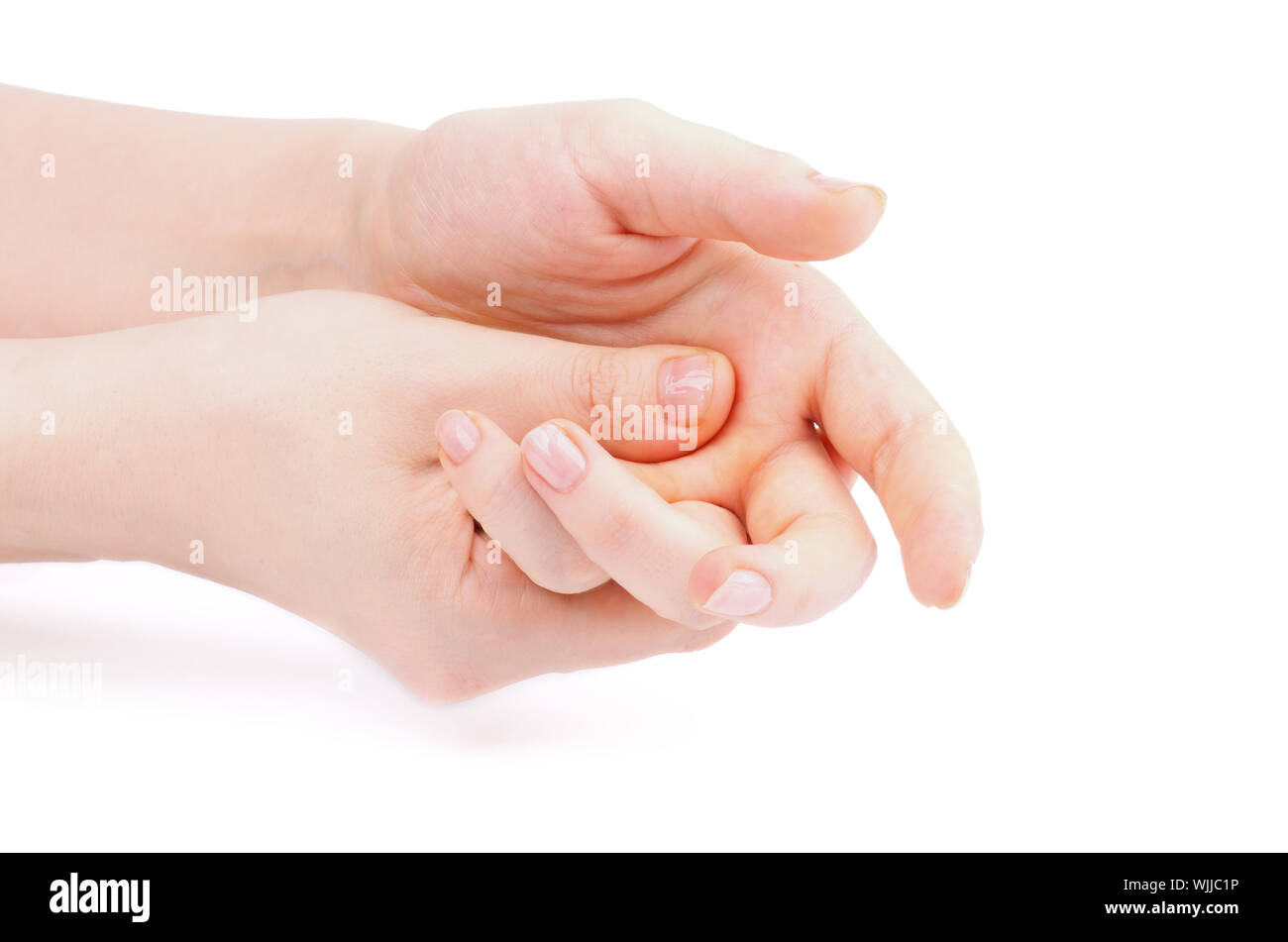 Woman's Hands Doing Palm Self Massage isolated on white background ...