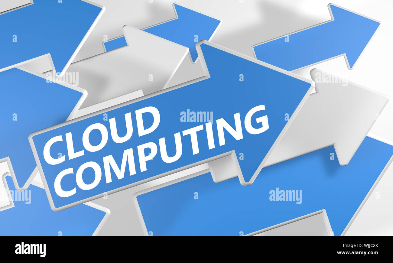Cloud Computing 3d render concept with blue and white arrows flying ...