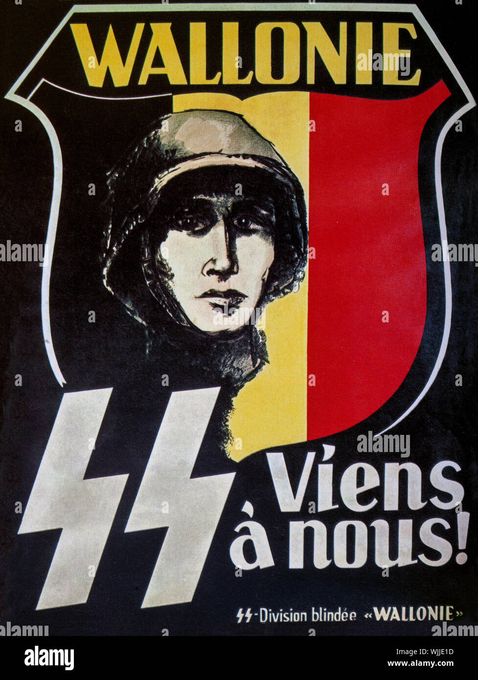A World War Two recruiting poster produced by the Belgian  SS, aka the Walloon Legion, a collaborationist military formation recruited among French-speaking volunteers from German-occupied Belgium, notably from Brussels and Wallonia, during World War II.  Created in July 1941 shortly after the German invasion of the Soviet Union, the unit was supported by the Rexist Party as a demonstration of its loyalty towards Nazi Germany. It served on the Eastern Front, initially as a unit of the Wehrmacht and, after June 1943, in the Waffen-SS. Stock Photo