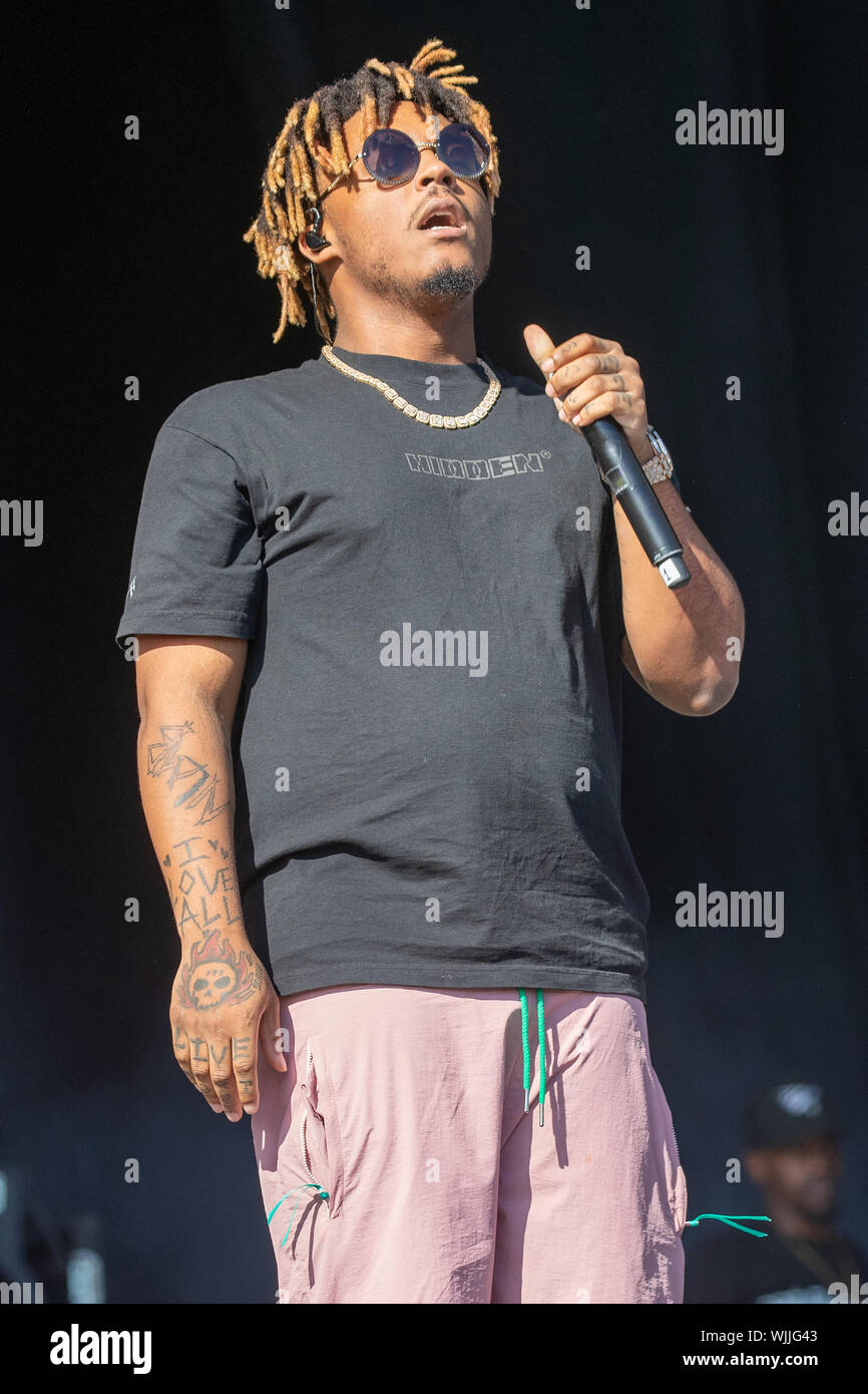 Leeds, UK. Saturday 24 August 2019. Jarad A. Higgins, better known by his  stage name Juice Wrld, is an American singer, songwriter, and rapper  performing at Leeds Festival. The annual rock music