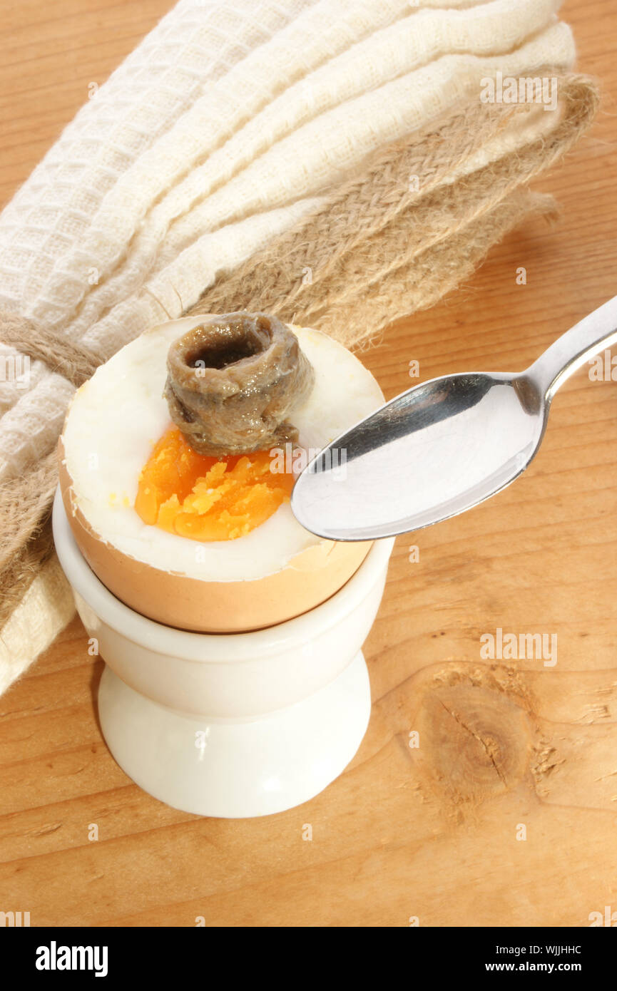 boiled egg with anchovy and a spoon Stock Photo Alamy