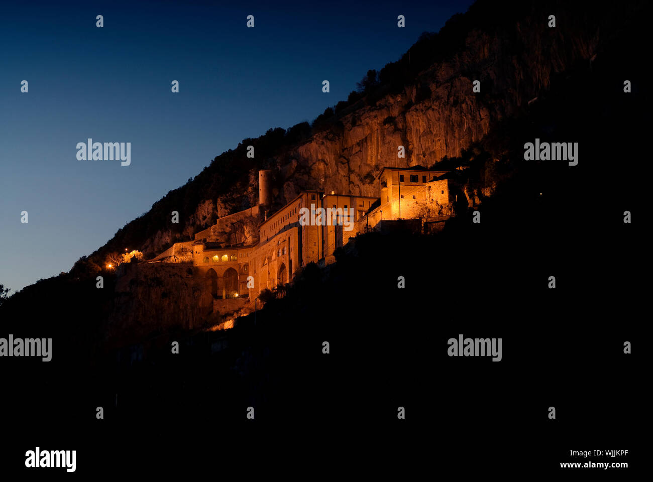 Saint Benedict's Monastery / Sacro Speco Sanctuary - Subiaco - Italy - External sunset nightscape Stock Photo