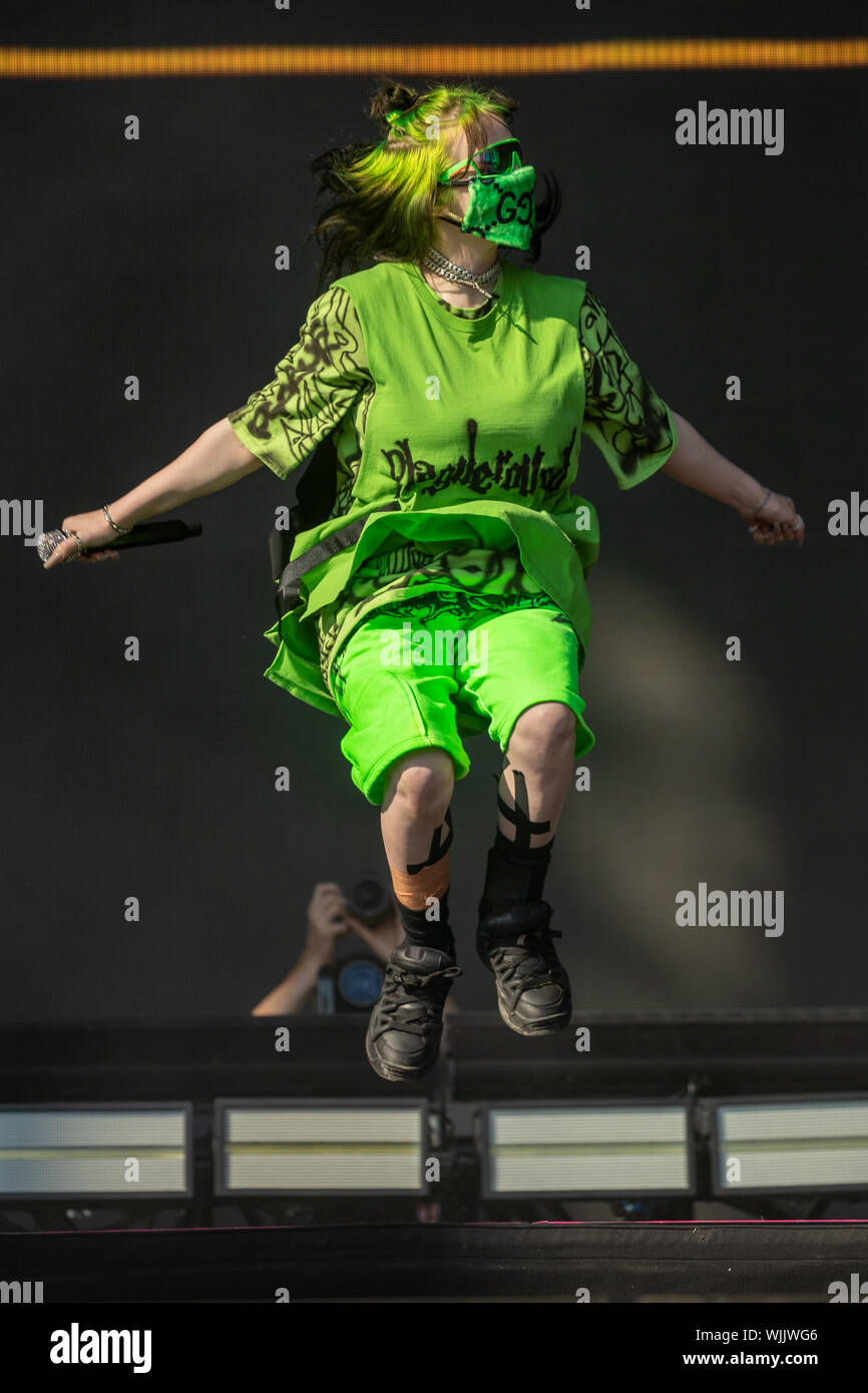 Leeds, UK. Sunday 25 August 2019. Billie Eilish Pirate Baird O'Connell is  an American singer-songwriter, model and dancer performing at Leeds  Festival. The annual rock music festival Attended by 75,000, Taking place