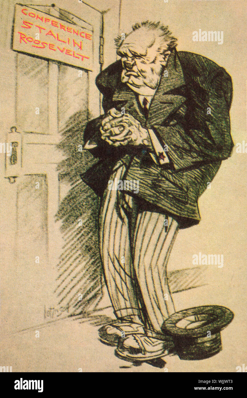 A German World War Two propaganda cartoon lampooning Winston Churchill stanging outside a door during a meeting between Joseph Stalin and Franklin D. Roosevelt, during the Tehran Conference from 28 November to 1 December 1943, after the Anglo-Soviet Invasion of Iran. It was held in the Soviet Union's embassy in Tehran and was the first of the World War II conferences of the 'Big Three' Allied leaders (the Soviet Union, the United States, and the United Kingdom). Stock Photo