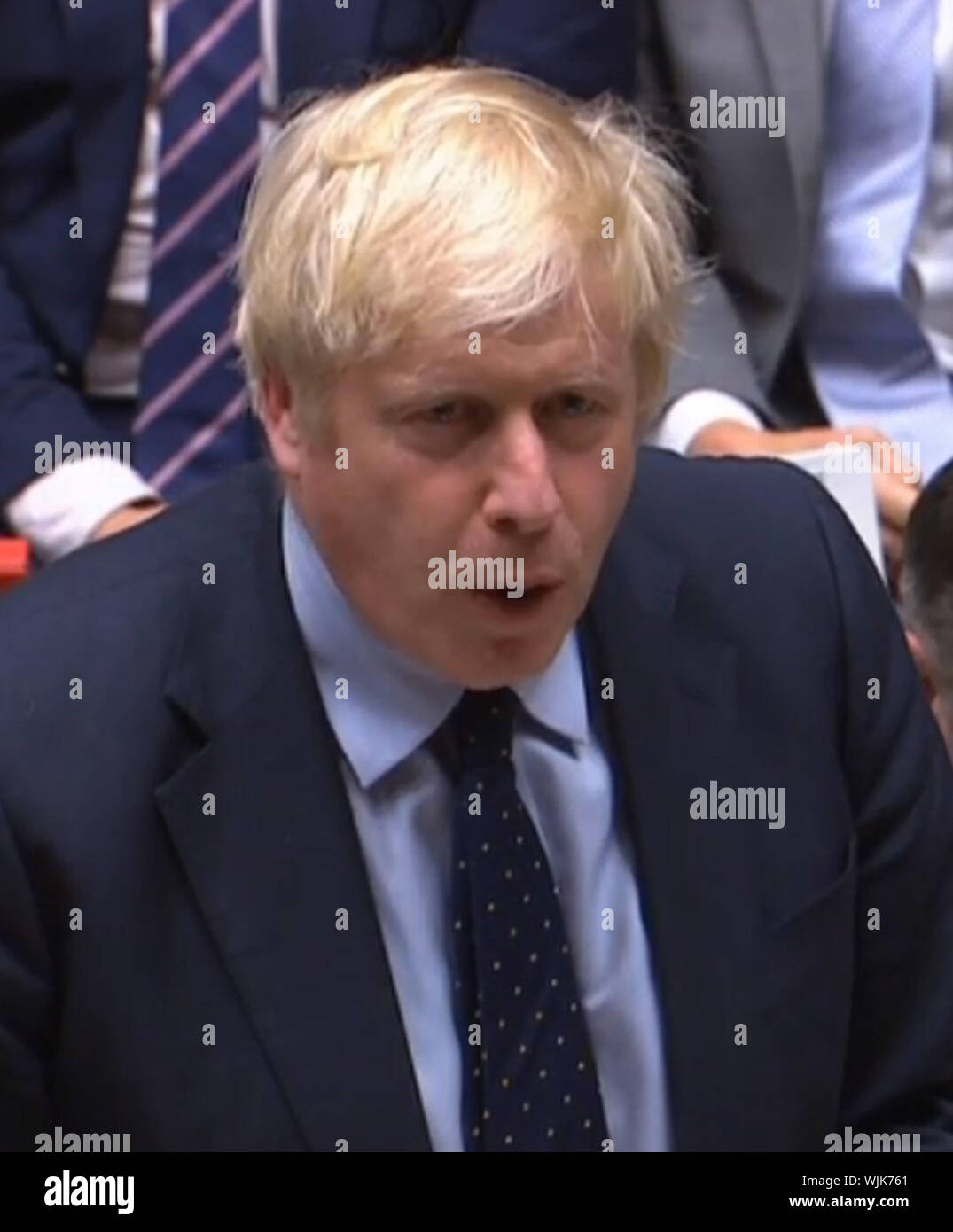 Prime Minister Boris Johnson speaking in the House of Commons, London after MPs voted in favour of allowing a cross-party alliance to take control of the Commons agenda on Wednesday in a bid to block a no-deal Brexit on October 31. Stock Photo