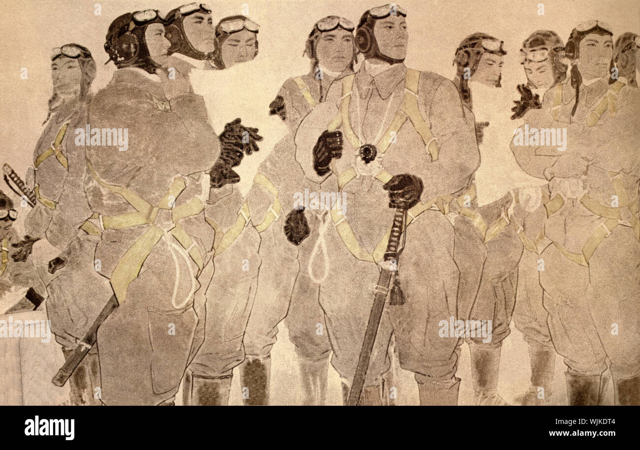 A World War Two painting of Kamikaze pilots by S. Awata. They were a part of the Japanese Special Attack Units of military aviators who initiated suicide attacks for the Empire of Japan against Allied naval vessels in the closing stages of the Pacific campaign of World War II, designed to destroy warships more effectively than possible with conventional air attacks. About 3,800 kamikaze pilots died during the war, and more than 7,000 naval personnel were killed by kamikaze attacks. Stock Photo