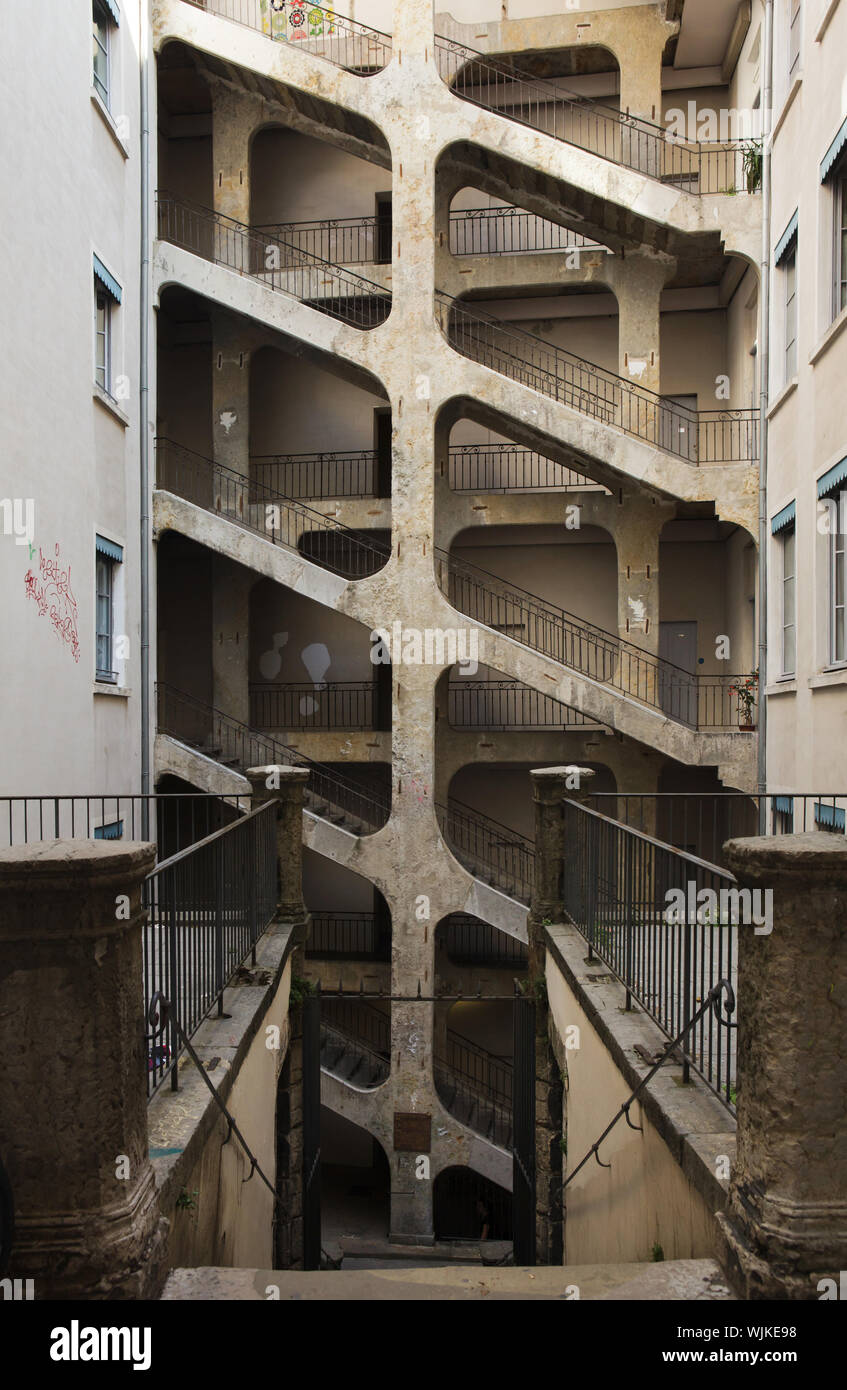 Six-floor stairway in the courtyard of the Cour des Voraces (Maison de la République) in Lyon, France. Stock Photo