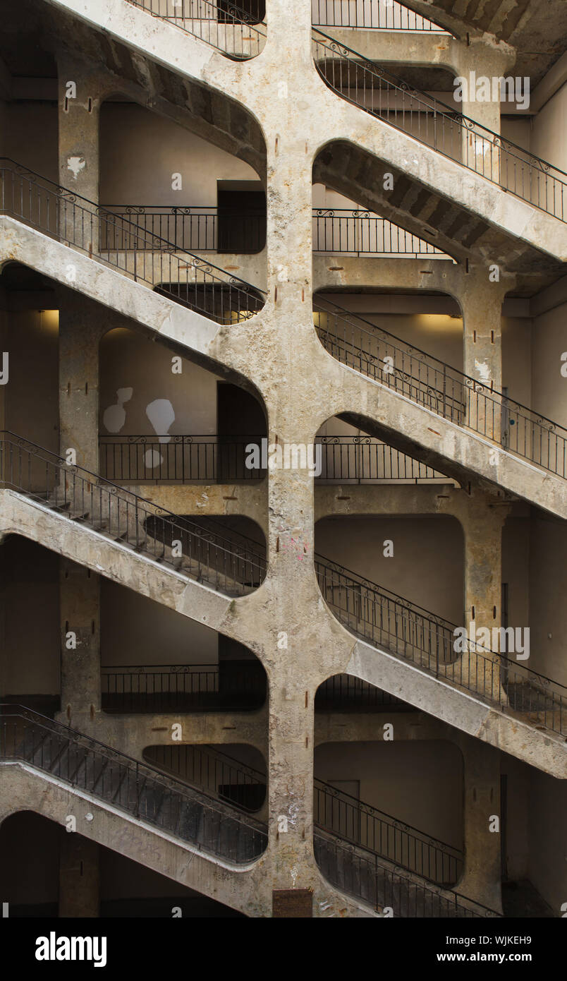 Six-floor stairway in the courtyard of the Cour des Voraces (Maison de la République) in Lyon, France. Stock Photo