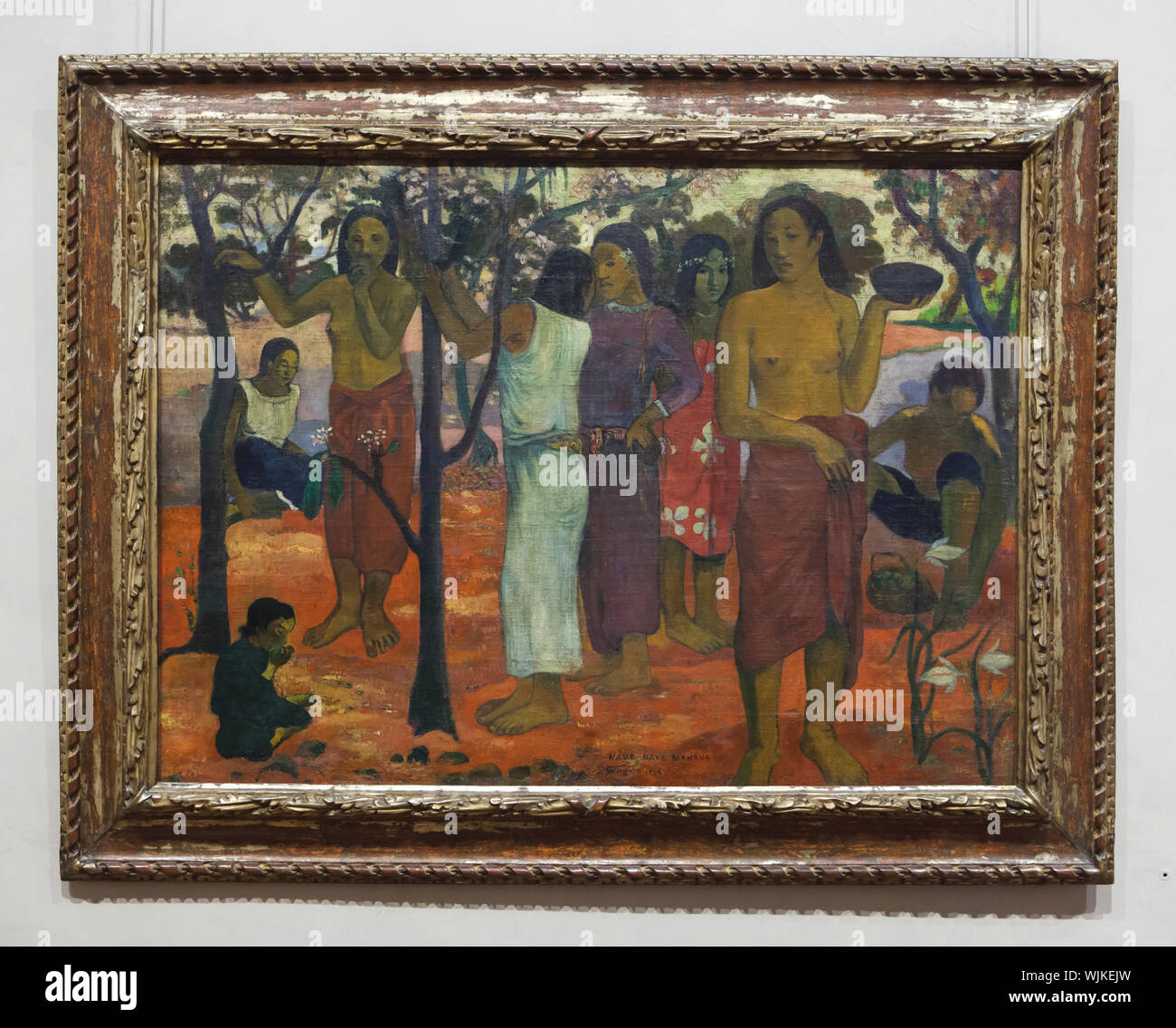 Painting 'Nave Nave Mahana' ('Delightful Days') by French post-impressionist painter Paul Gauguin (1896) on display in the Museum of Fine Arts (Musée des Beaux-Arts de Lyon) in Lyon, France. Stock Photo