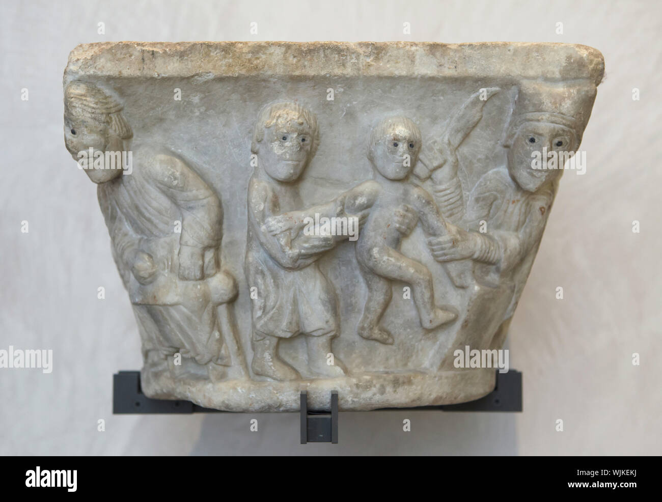 Massacre of the Innocents depicted in the Romanesque marble capital from Northern Italy dated from the 12th century on display in the Museum of Fine Arts (Musée des Beaux-Arts de Lyon) in Lyon, France. Stock Photo