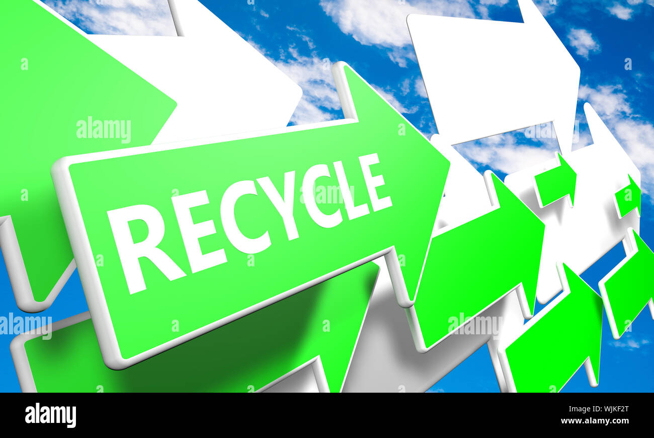 Recycle 3d render concept with green and white arrows flying upwards in a blue sky with clouds Stock Photo