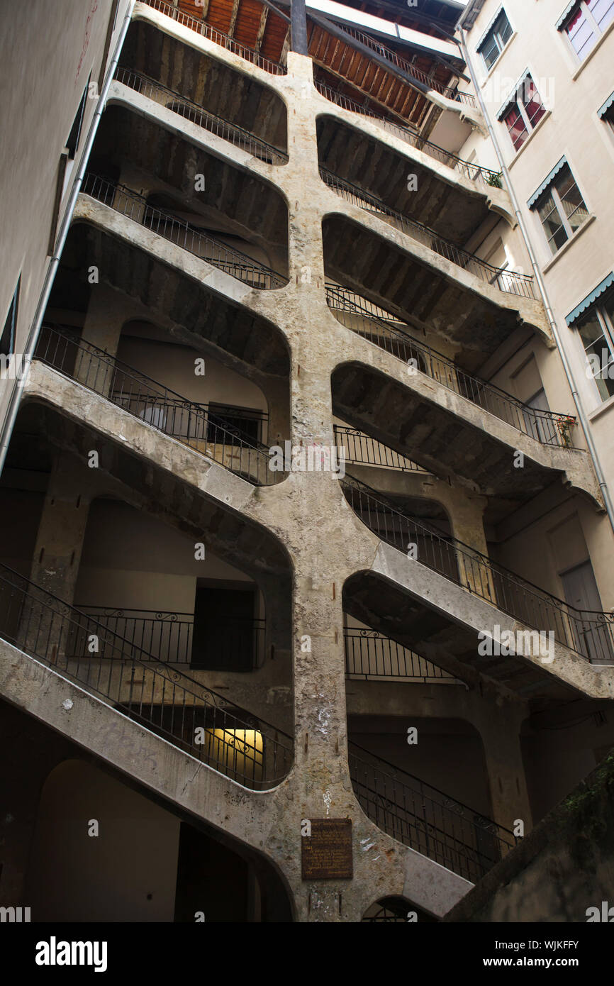 Six-floor stairway in the courtyard of the Cour des Voraces (Maison de la République) in Lyon, France. Stock Photo