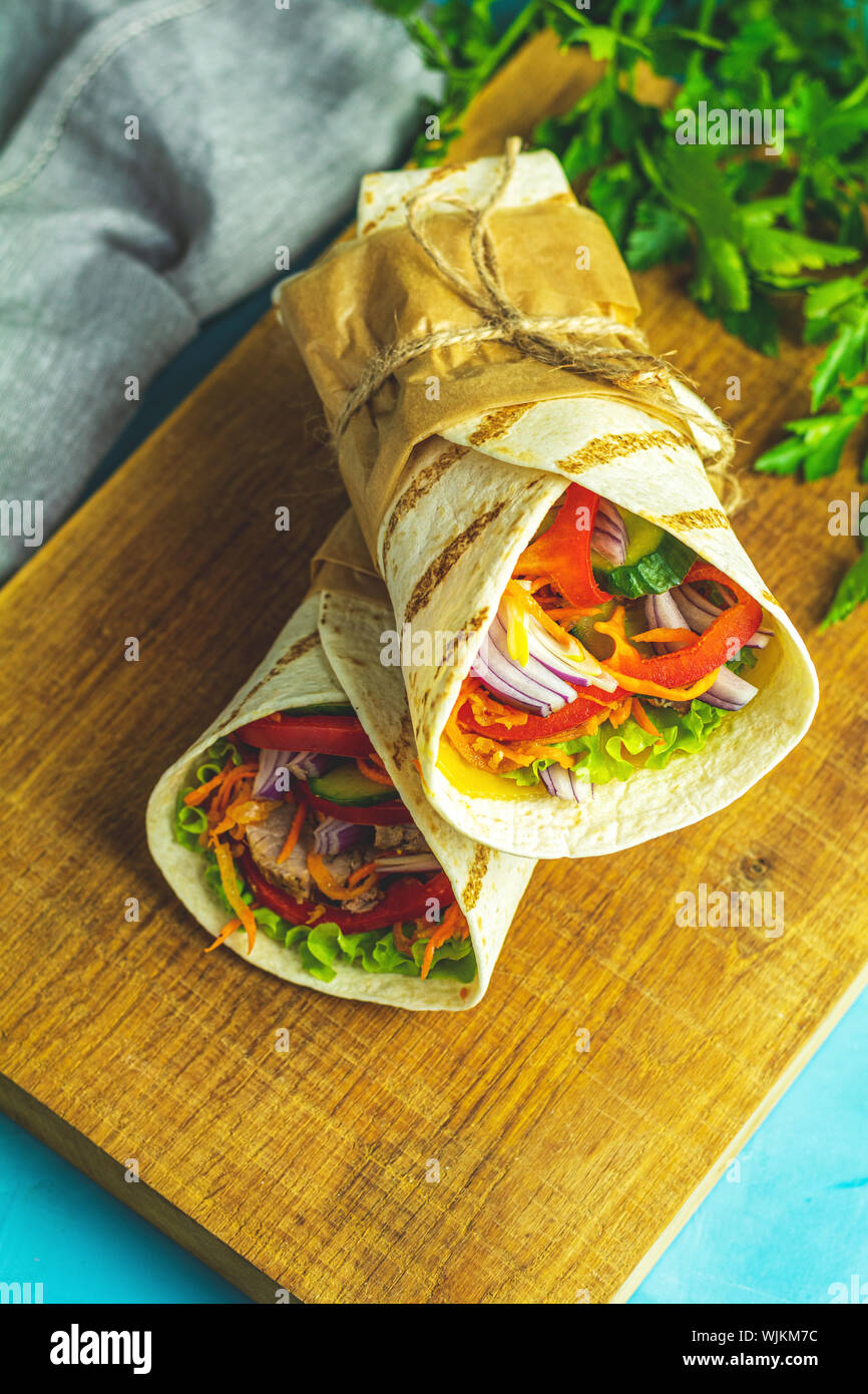 Shawarma tacos al pastor gyro or gyros fresh roll of lavash (pita bread