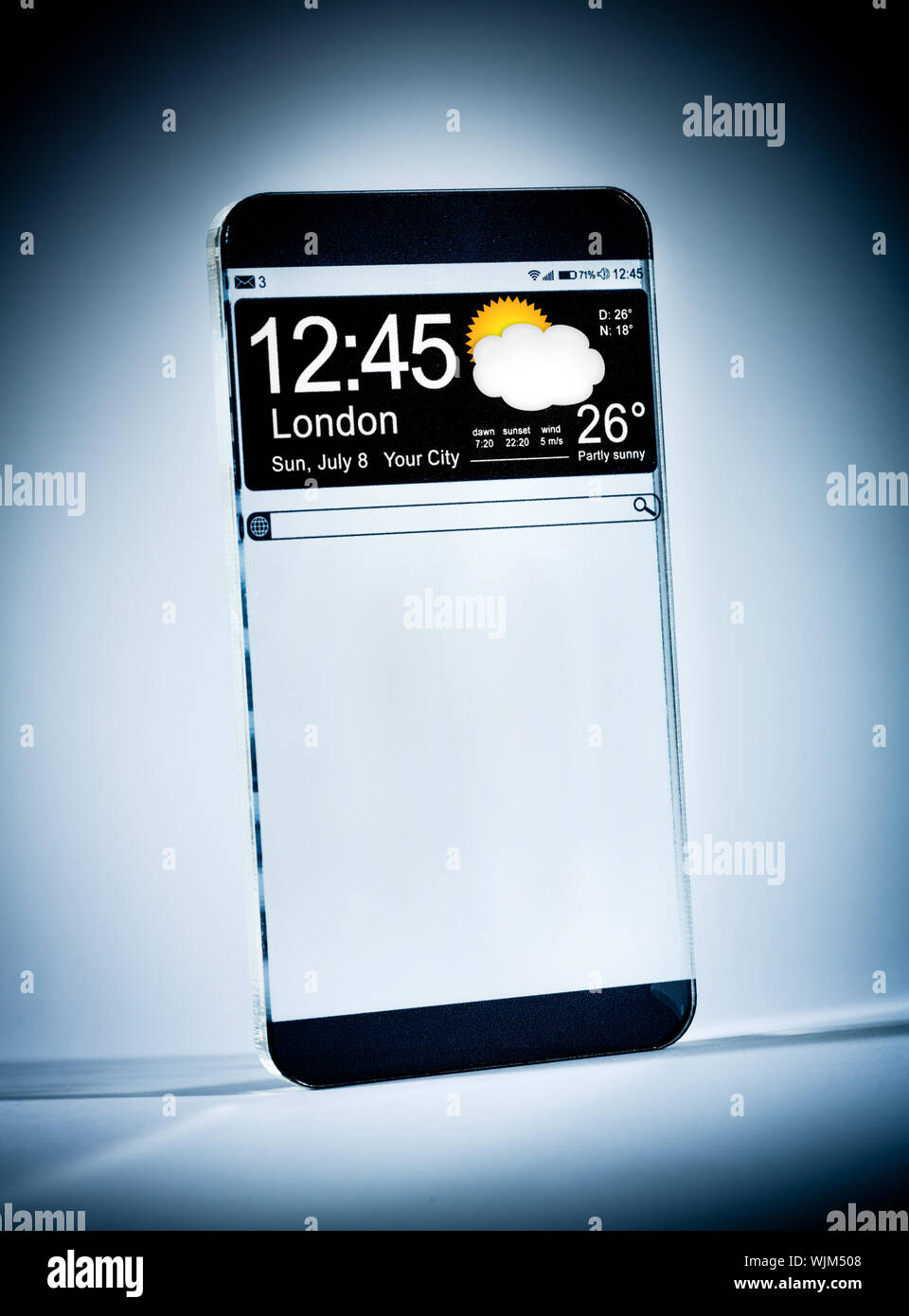 Futuristic Smart phone (copy space display) with a transparent display on a blue background. Concept actual future innovative ideas and best technolog Stock Photo