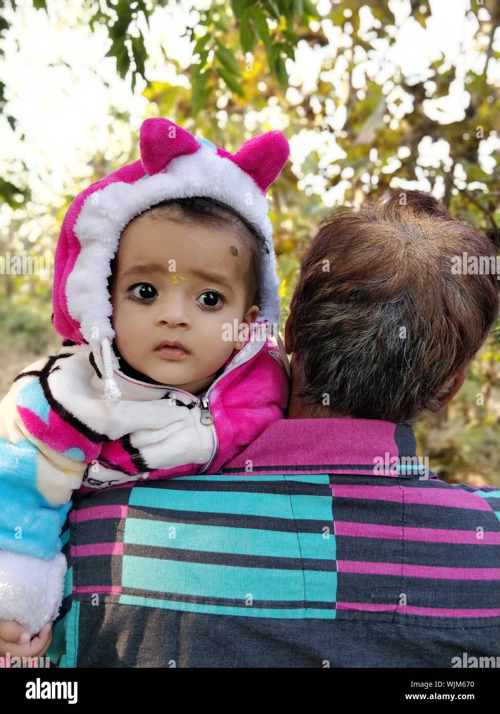 Rear View Of Man Carrying Baby Girl On Field Stock Photo Alamy