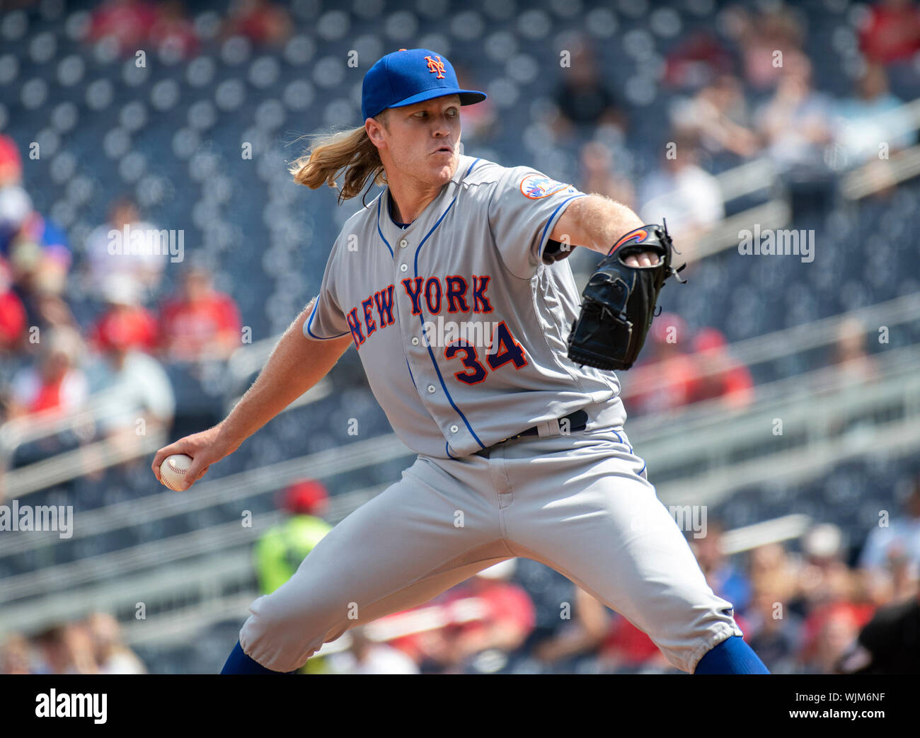 Washington, United States Of America. 02nd Sep, 2019. New York Mets starting pitcher Noah Syndergaard (34) works in the first inning against the Washington Nationals at Nationals Park in Washington, DC on Monday, September 2, 2019.Credit: Ron Sachs/CNP (RESTRICTION: NO New York or New Jersey Newspapers or newspapers within a 75 mile radius of New York City) | usage worldwide Credit: dpa/Alamy Live News Stock Photo
