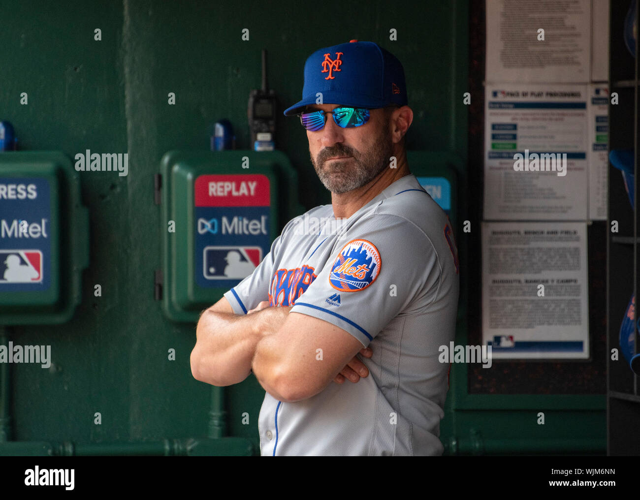 Washington, United States Of America. 02nd Sep, 2019. New York Mets manager Mickey Callaway (36) in the dugout prior to the game against the Washington Nationals at Nationals Park in Washington, DC on Monday, September 2, 2019.Credit: Ron Sachs/CNP (RESTRICTION: NO New York or New Jersey Newspapers or newspapers within a 75 mile radius of New York City) | usage worldwide Credit: dpa/Alamy Live News Stock Photo